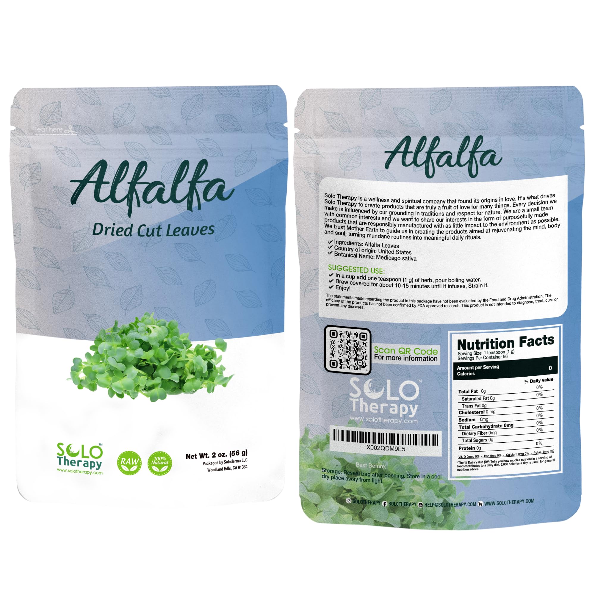 Solo Therapy Alfalfa Leaf, 2 oz., Alfalfa Dried Cut Leaves, Alfalfa Tea, Medicago Sativa, Product from USA