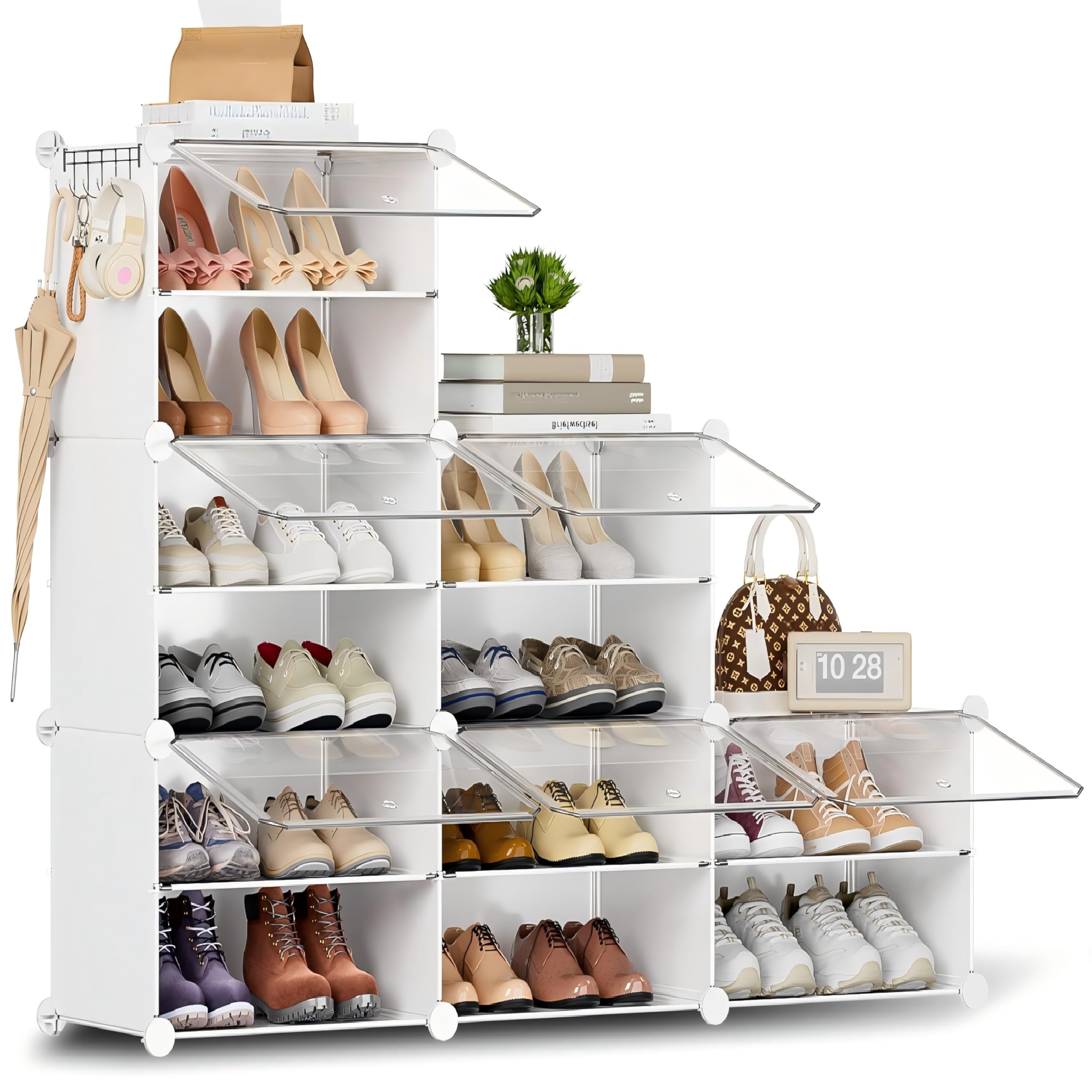Zapatero con 12 Compartimentos, Zapatero Alto y Estrecho, Zapatero Blanco, Armario Alto Cerrado para Armario, Pasillo, Dormitorio, Entrada, DIY Personalizable