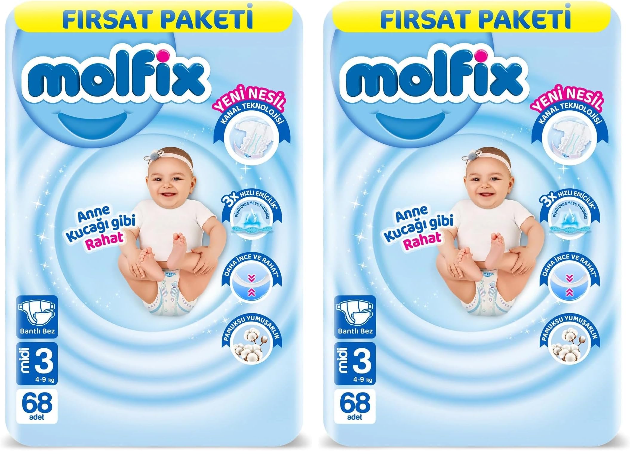 Molfix Bebek Bezi 3 Beden Midi Fırsat Paketi 4-9 kg 68 Adet (2 paketi)