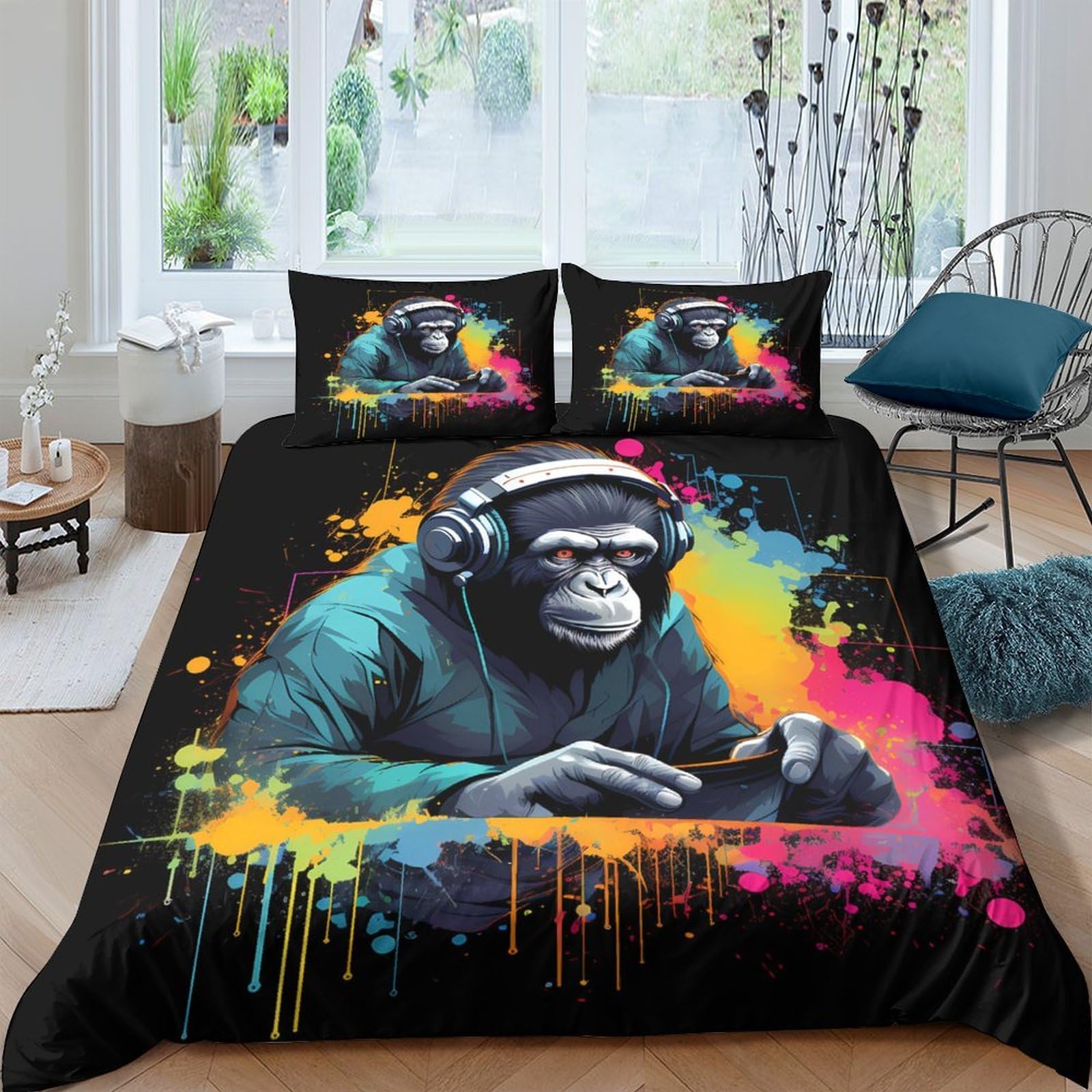 Ctjqhvkz Style-6 3D Printed Graffiti Monkey Fitted Sheet Microfiber Soft Bed Cover Colorful Headphone Art Decor For Bedroom Dorm Single（135X200cm）