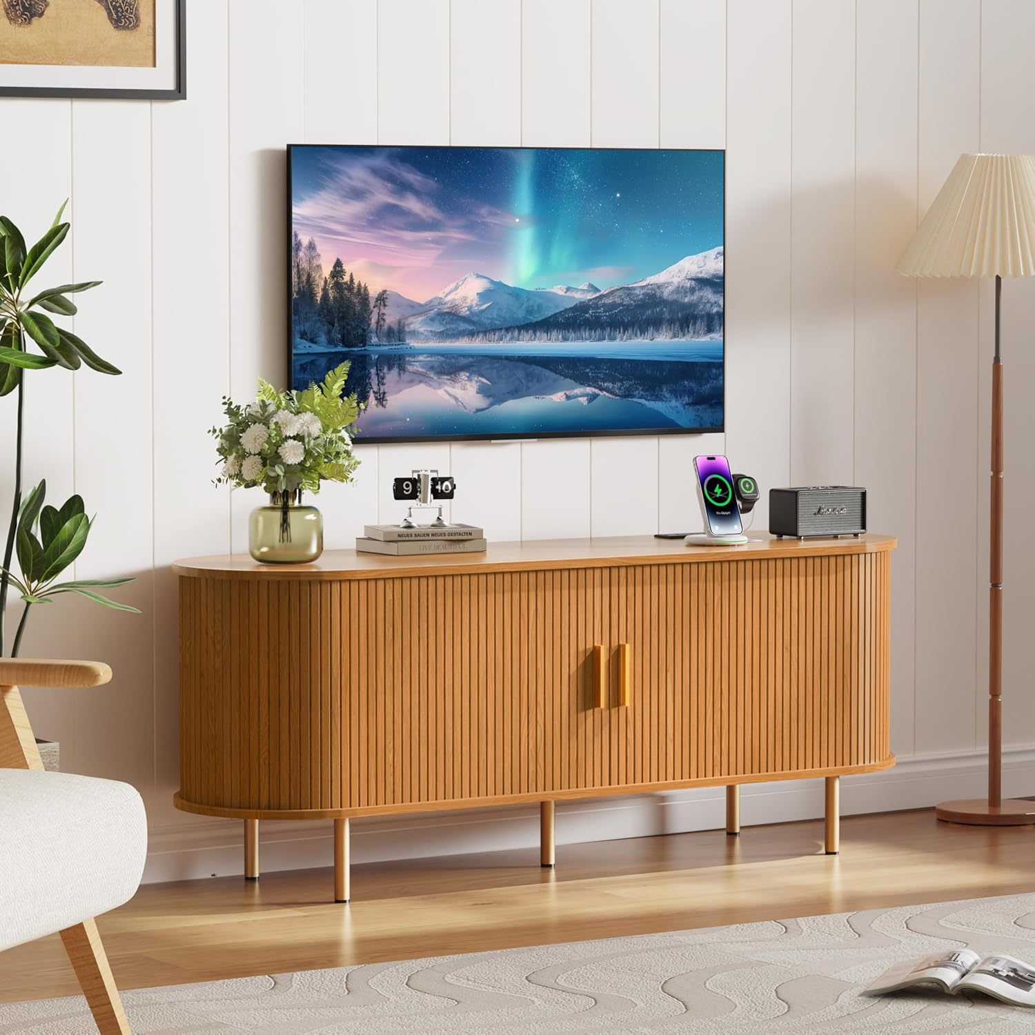 DHH 55 Inch Mid Century Modern TV Stand with Power Outlet for TVs up to 60 Inch, Entertainment Center with Storage and Adjustable Shelves, Media Console with Sliding Doors for Living Room(Yellow) - Image 6