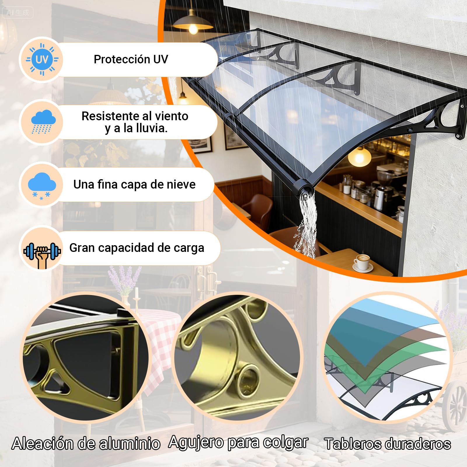 Marquesina para Puerta 60×180cm, Marquesina para Puerta de Entrada, Toldo Exterior de Policarbonato y Aluminio, Protección contra Lluvia, Nieve y Sol, Fácil Instalación