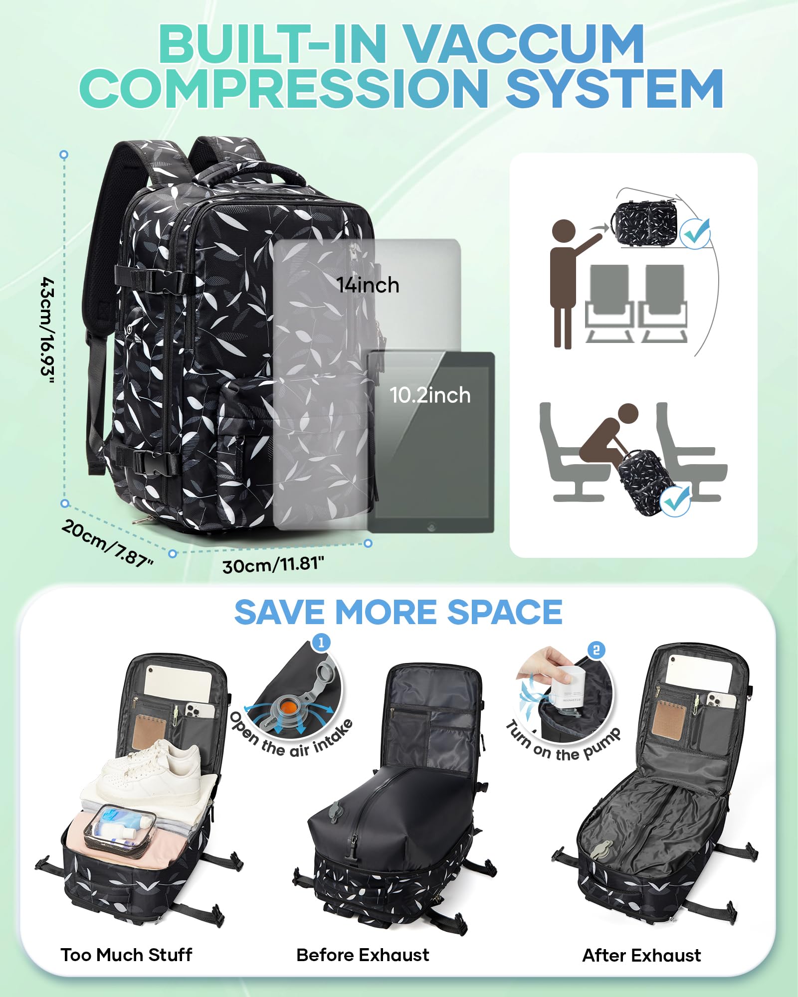 SZLX Zaino Ryanair 40x30x20 Sottovuoto Bagaglio a Mano 40x20x25 Donna Zaino da Viaggio 40x30x20 Wizzair Borse da Cabina per Easyjet 45x36x20 Uomo per Laptop 14 Pollici con Porta USB e Porta Scarpe