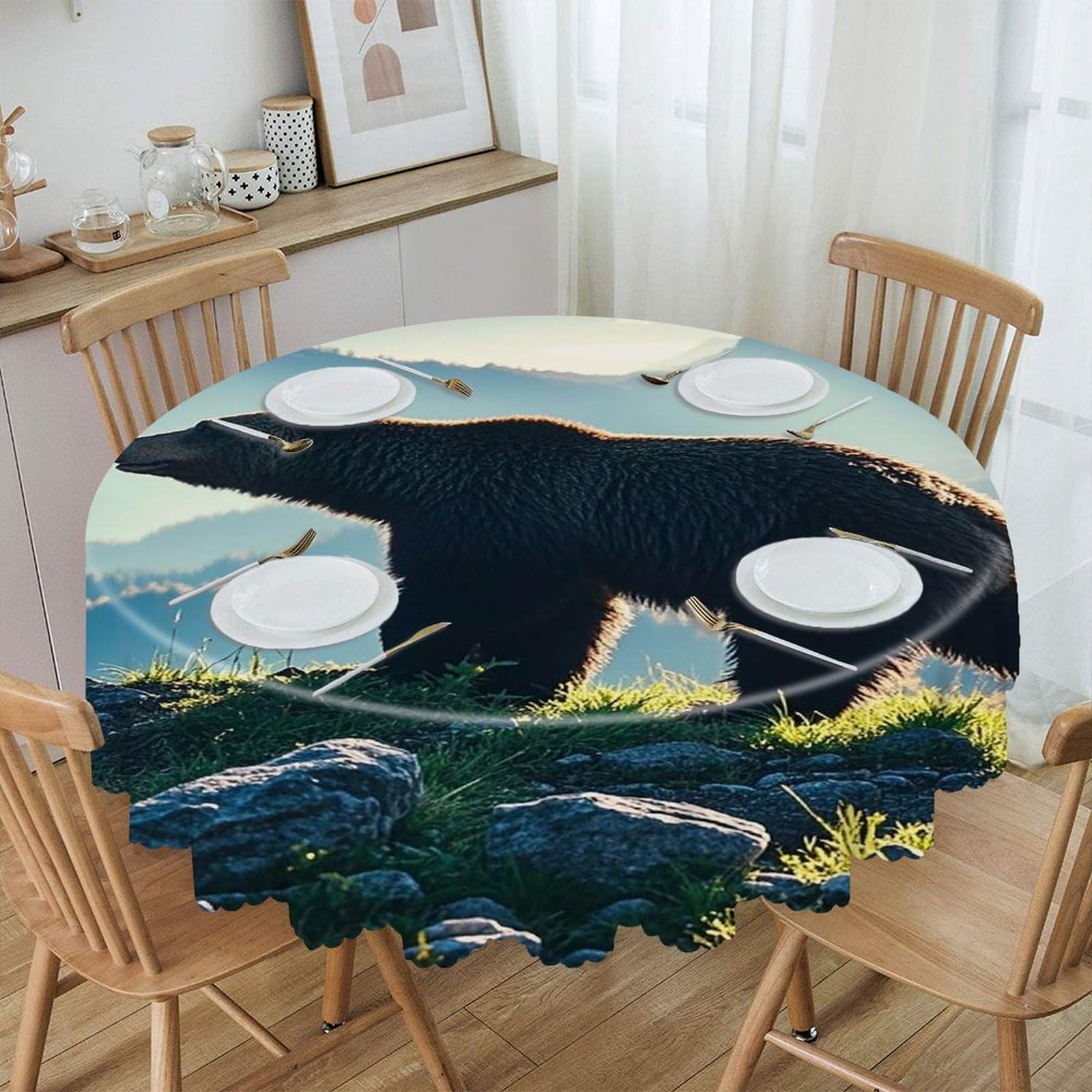 VstaDank Bear Silhouette Round Tablecloth Wipeable Round Polyester Tablecloth Waterproof Wrinkle Free Indoor and Outdoor Table Cover 60 Inch Decorative Farmhouse Table Cloth for Dining