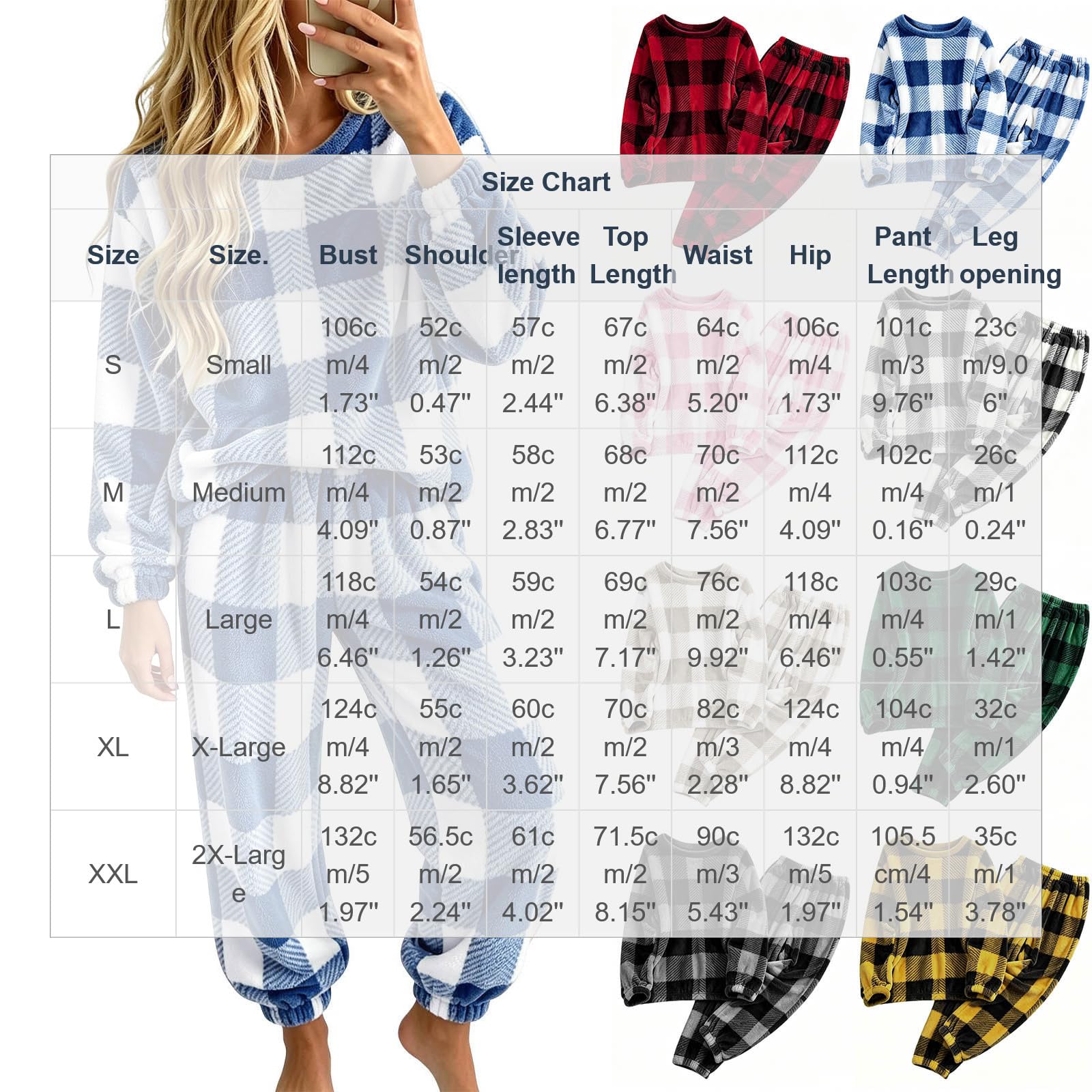 Ensemble 2 Pièces Pyjama Femme à Carreaux Flanelle Pull Col Rond Pantalon