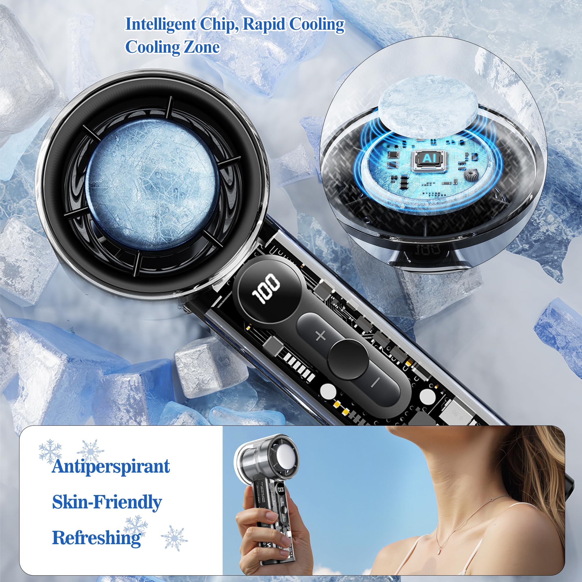 FAN-X05 Hochgeschwindigkeits-Kühlventilator, transparentes Gehäusedesign, Digitalanzeige, tragbares Handgerät (schwarz)