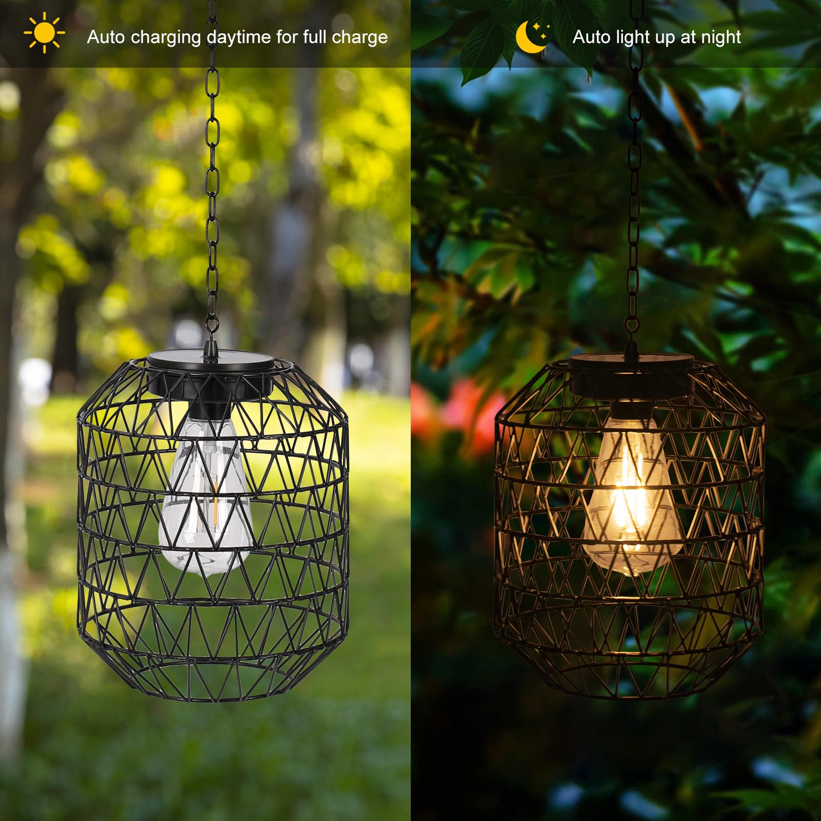 Larekook Solar Chandelier Outdoor,Natural Rattan Solar Lanterns Outdoor Waterproof Pendant Lights With Edison Bulb,Bamboo Woven Hanging Decorative Lanterns For Gazebo Garden Patio Porch Tree - View #2