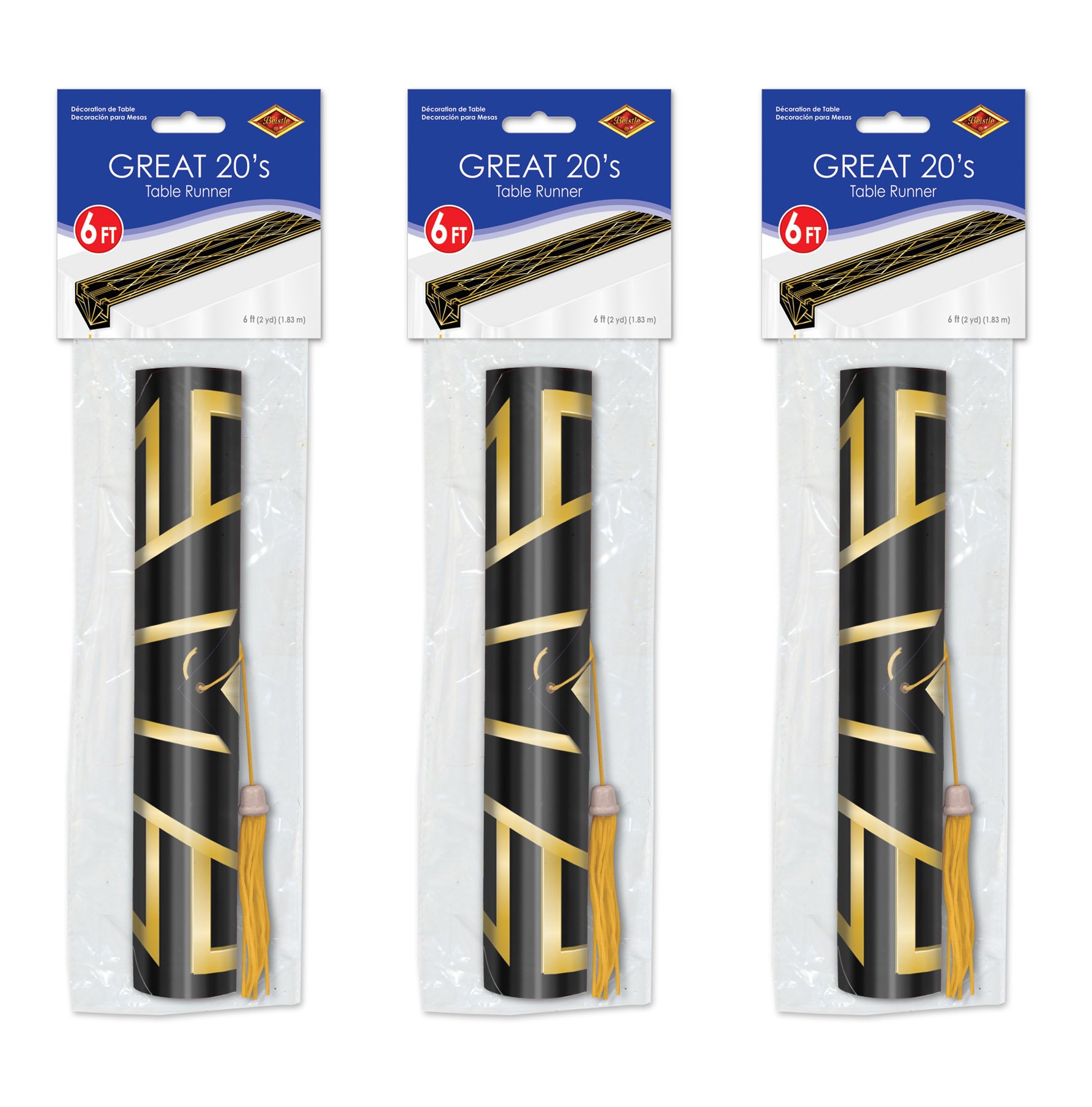 Beistle 59907, 3 Piece Printed 20's Table Runners, 11" x 6', Paper, Black/Gold