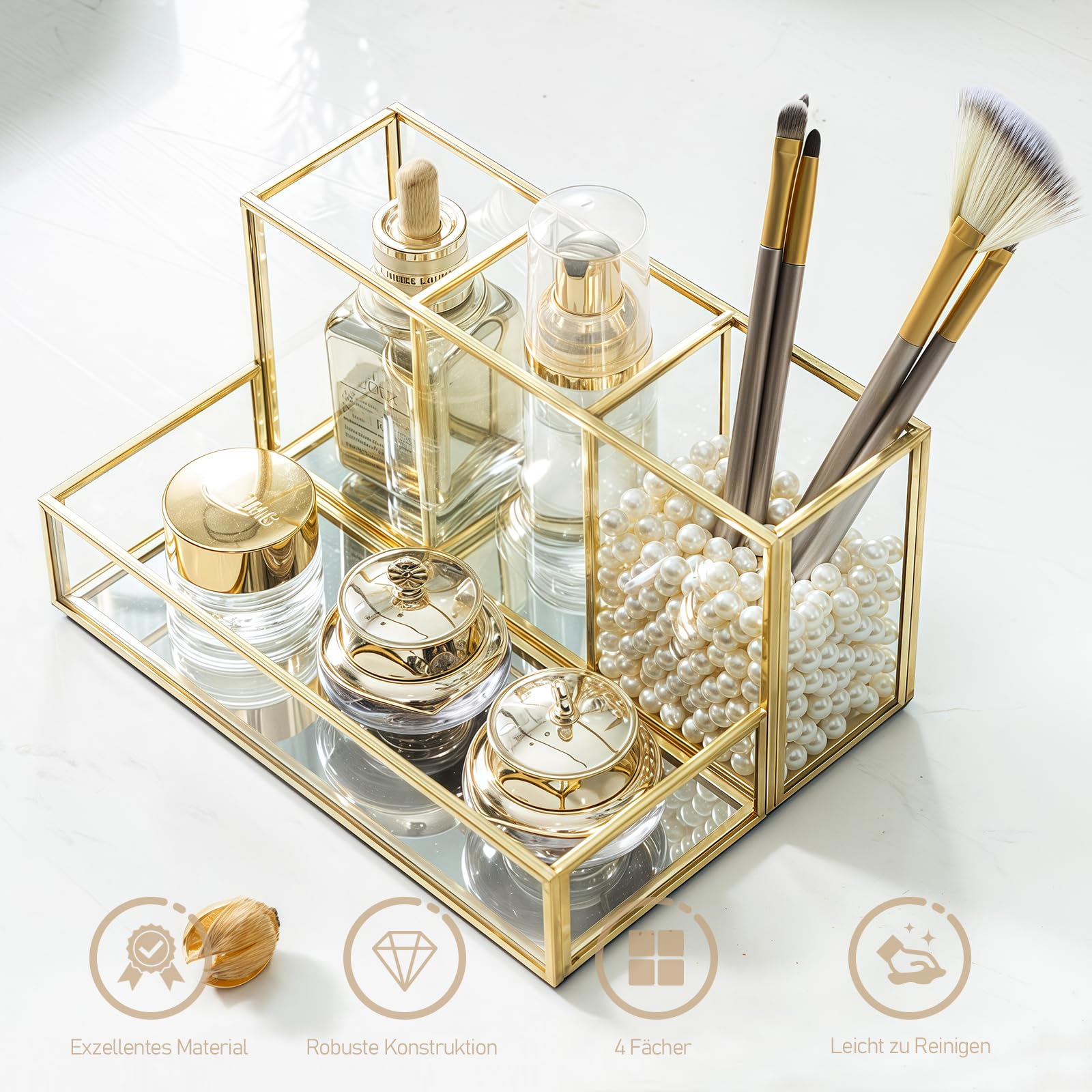HARLIANGXY Make up Kosmetik Organizer, Make up Pinselhalter Glas, Beauty Organizer, Kosmetikpinsel Behälter, Cosmetic Organizer Gold, Schmink Aufbewahrung Box