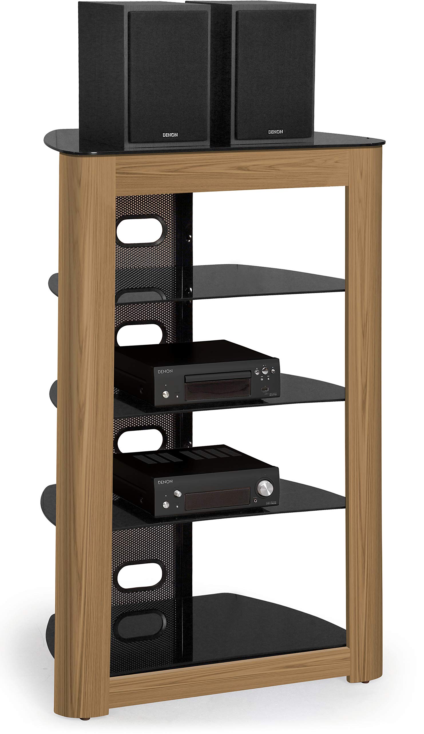 Centurion Supports Zinnia Oak Facia 5-Shelf Black Glass Stand Multimedia Unit Flat Screen TV/Hi-Fi/AV Rack