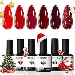 Modelones Conjunto de esmalte em gel - 6 cores clássicas vermelhas gel de imersão em gel vermelho com glitter para arte de unhas, manicure, faça você mesmo, esmalte, salão, LED, unhas de gel, dia dos namorados, ano novo, presentes para mulheres