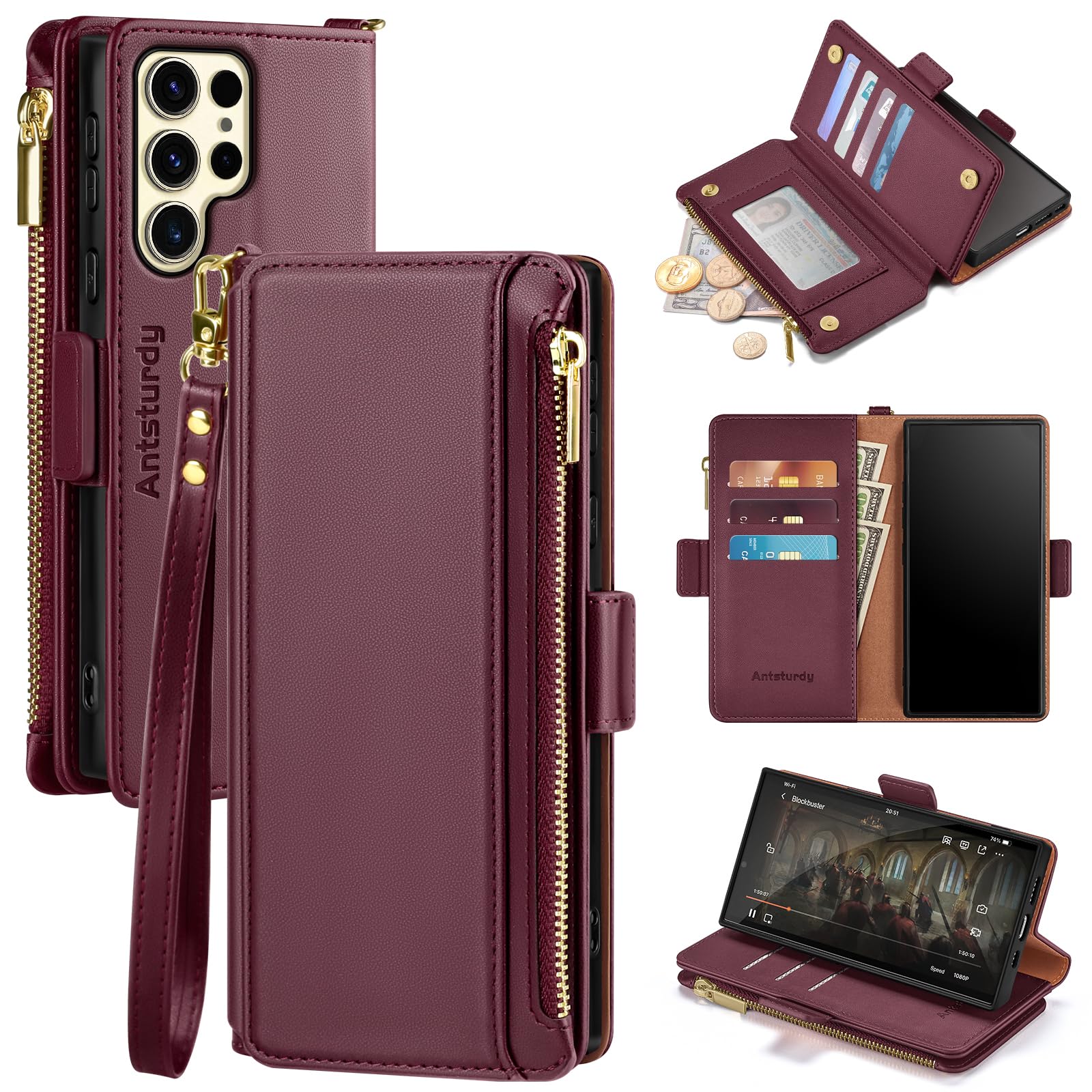 Antsturdy Compatible with Samsung Galaxy S25 Ultra Wallet Case with Card Holder,PU Leather Phone Case Flip Protective Cover RFID Blocking Wrist Strap