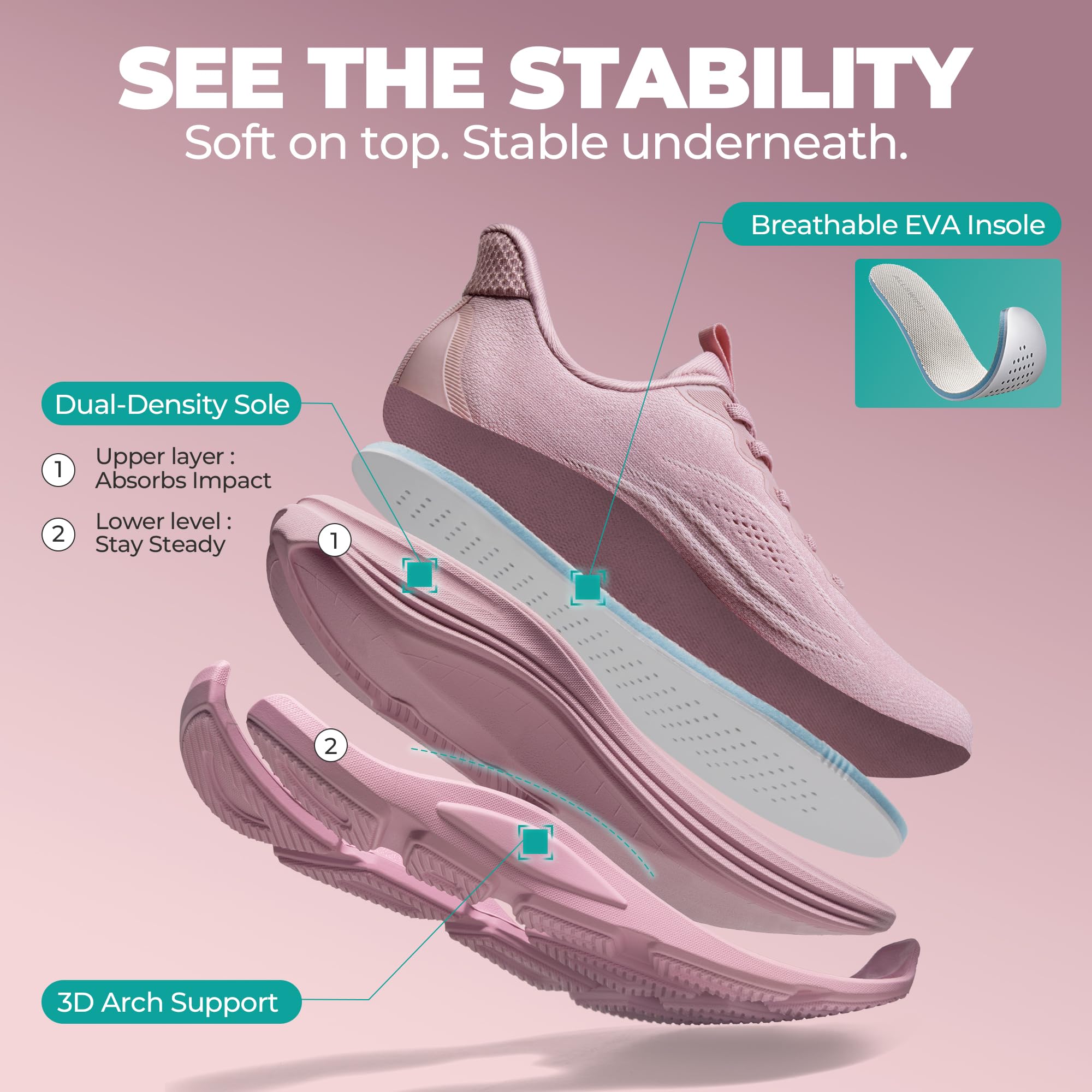 ALLSWIFIT Damskie wsuwane buty do chodzenia bez użycia rąk poduszka bieganie tenis wygodne wsparcie łuku siłownia trening sportowe modne trampki StediCloud