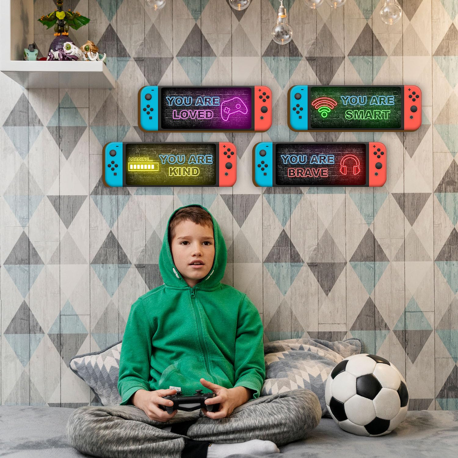 4 Pcs Printed Neon Gaming Wooden Wall Sign, Video Game Wall Decor, Inspirational Quotes Hanging Plaques Wall Sign, Teenager Gift for Kids Room Bedroom Nursery Play Room Classroom 4