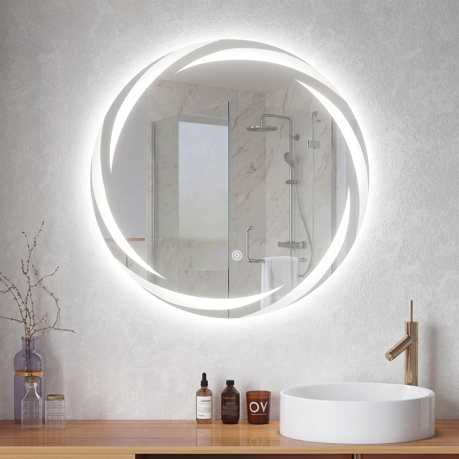 GIANTEX Specchio Rotondo LED per Bagno 60/70/80 CM, Specchio da Trucco Retroilluminato con 3 Colori di Luce, Dimmerazione Continua, Anti-Appannamento, Memoria, Vetro Temperato (70L x 70l cm)