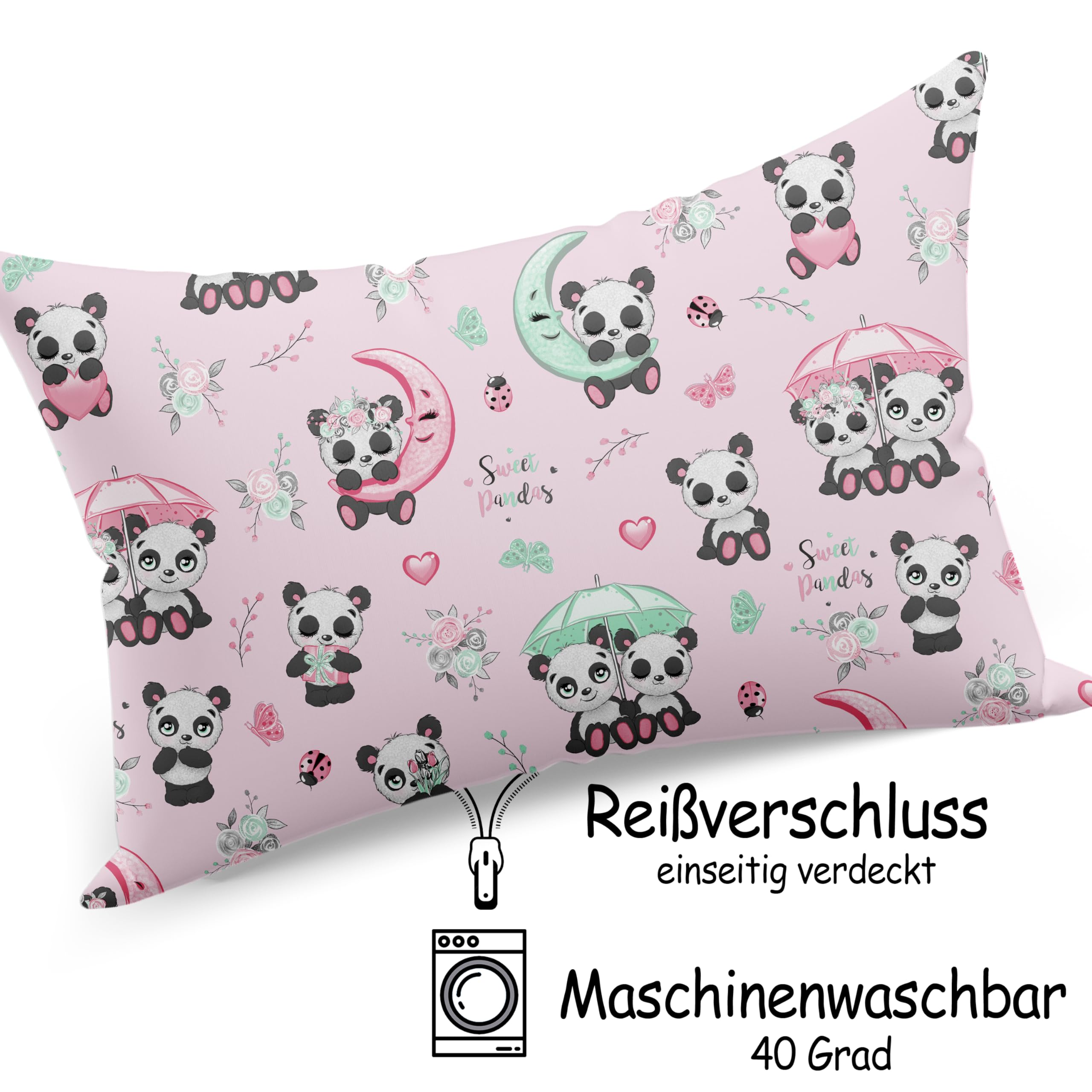 PinkZebra 40 x 80 cm Funda de almohada infantil, funda de almohada 100% algodón, funda de almohada con certificado Öko-Tex Standard 100, fundas infantiles con cremallera, oso panda rosa