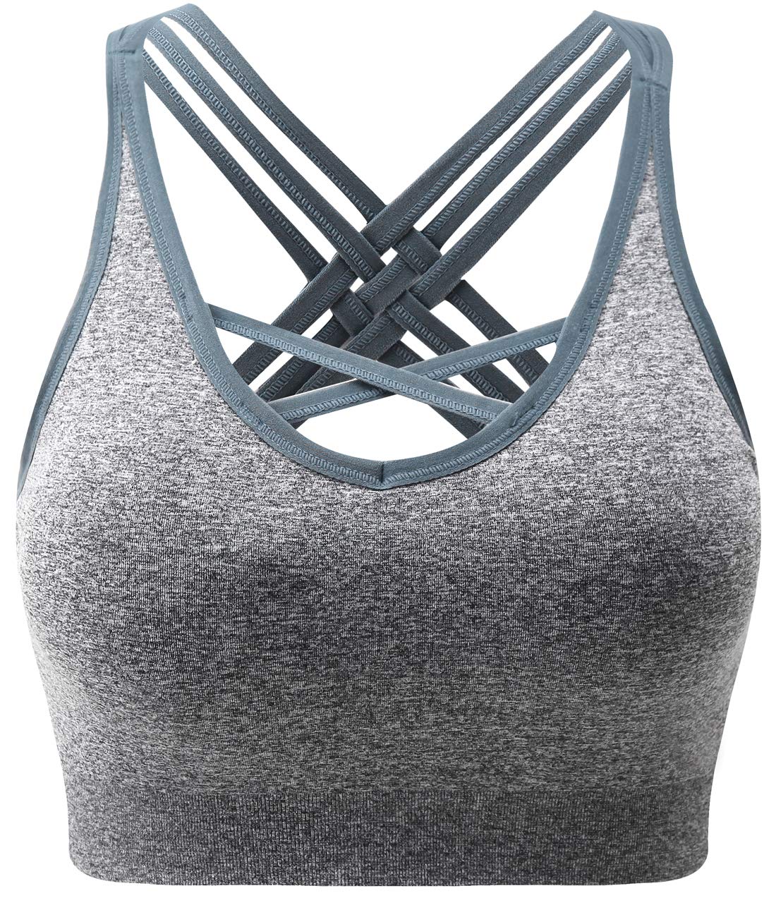 ANGOOL Padded Sports Bra Wirefree Mid Impact Yoga Bras Unique Cross Back Strappy for Gym Yoga Grey