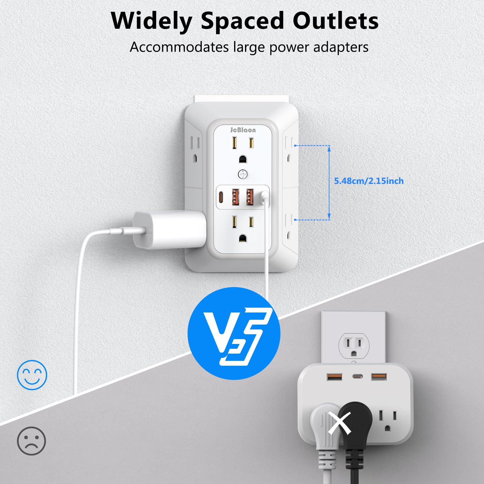2 Stück Steckerverlängerung, 6-fach Steckdosenleiste mit 4 USB-Steckdosen (2 USB A, 2 USB C), 3-seitiger Netzstecker mit Adaptersteckdosen für die