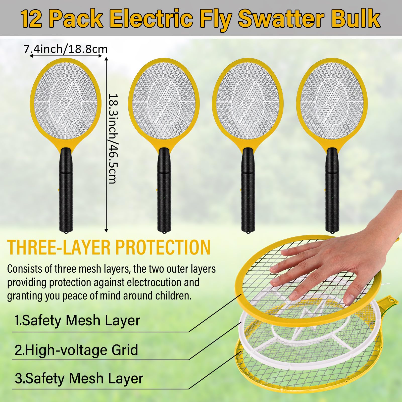 Paquete de 12 matamoscas eléctrico a granel, raquetas matamoscas para interiores y exteriores, raqueta de mosquitos con malla protectora, funciona con pilas AA, no incluidas (amarillo)