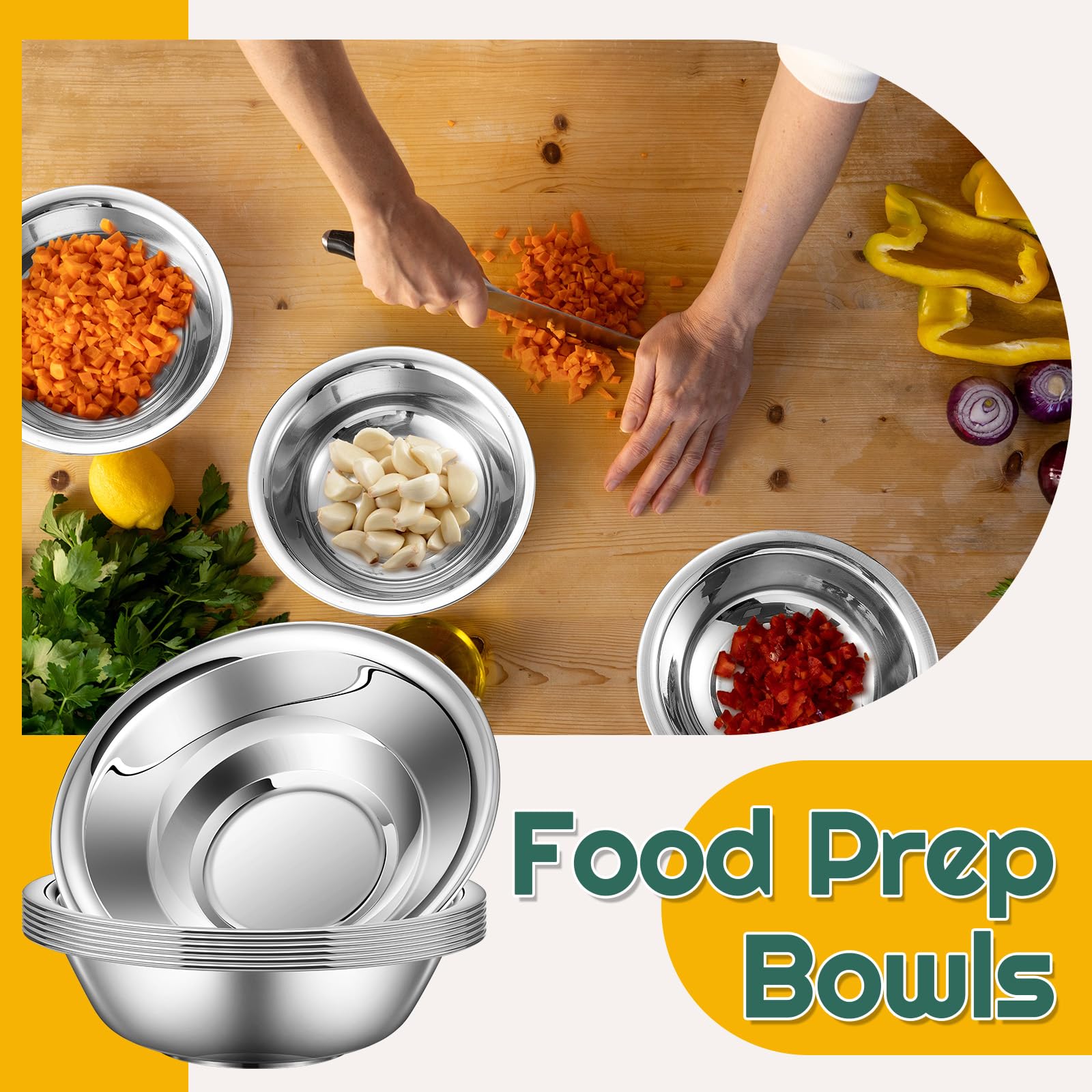 Tioncy Paquete de 20 cuencos pequeños de acero inoxidable de 6.3 pulgadas de ancho, juego de cuencos de preparación de alimentos reutilizables para cocina, ingredientes de cocina, servir ensaladas