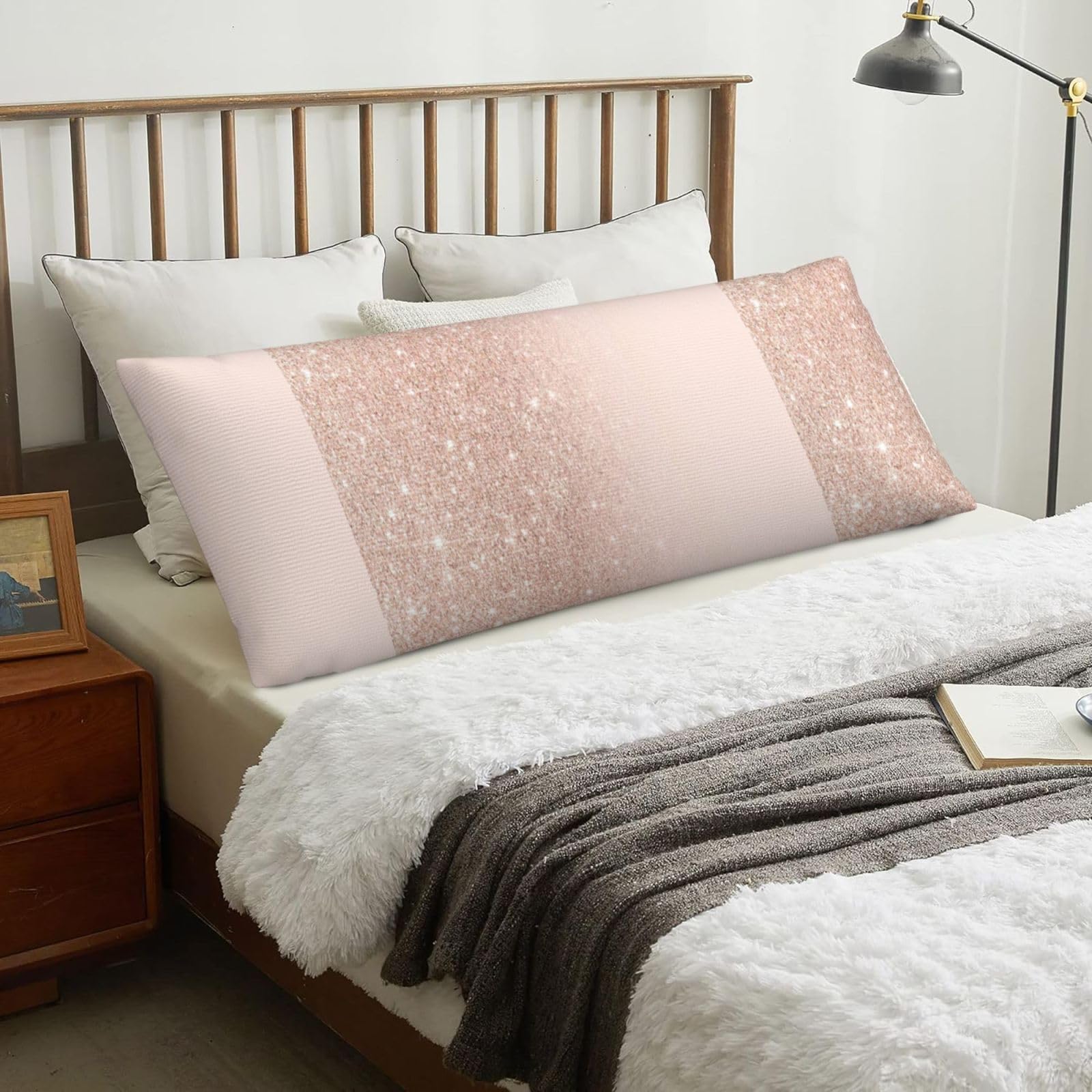 Rose Gold Faux Glitter Pink Ombre Block, Body Pillow Cover with Zipper,Long Body Pillowcase 20 x 60 in