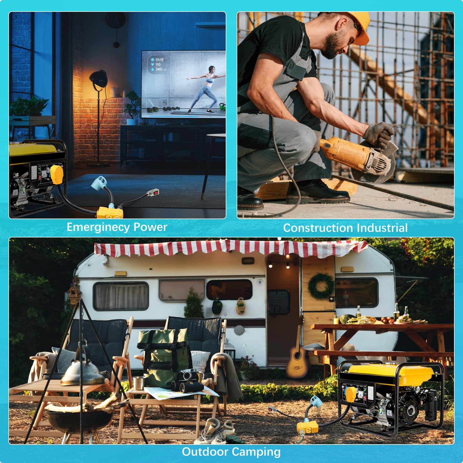 Adaptateur de distribution 50 A à 20 A 110 V pour camping-car, NEMA 14-50P à 4 x 5-20R/15R 4 broches pour prise domestique à multiples prises avec disjoncteur de 20 A, cordon de