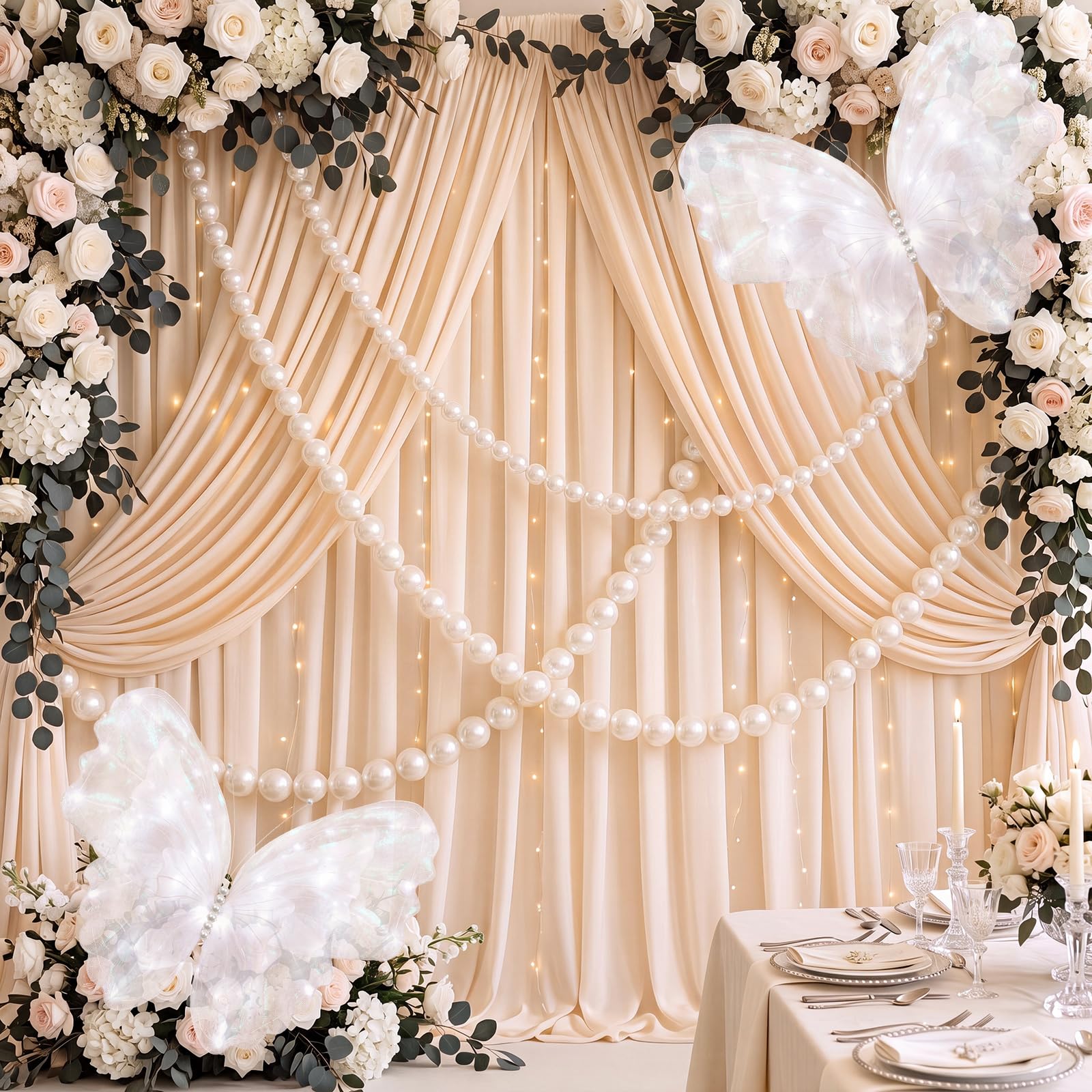 Pinkunn 4 juegos de decoración de fiesta de boda que incluyen decoración LED de mariposa gigante de 20 pulgadas, guirnalda de perlas de 12 pies, telón de fondo para arco de boda, despedida de soltera