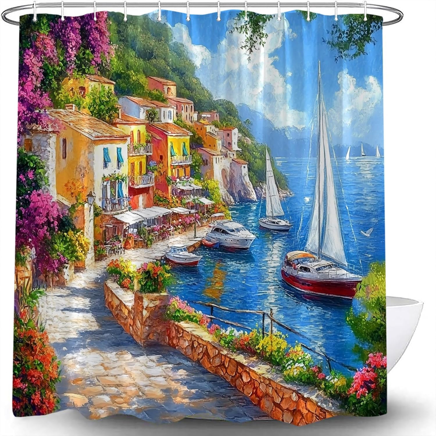 Italy Street Shower Curtain Renaissance Mediterranean Tuscany Oil Painting Rustic Floral Ocean Sailboat Vintage Italian Seaside Mountain Landscape Fabric Bathroom Curtain Set with Hooks