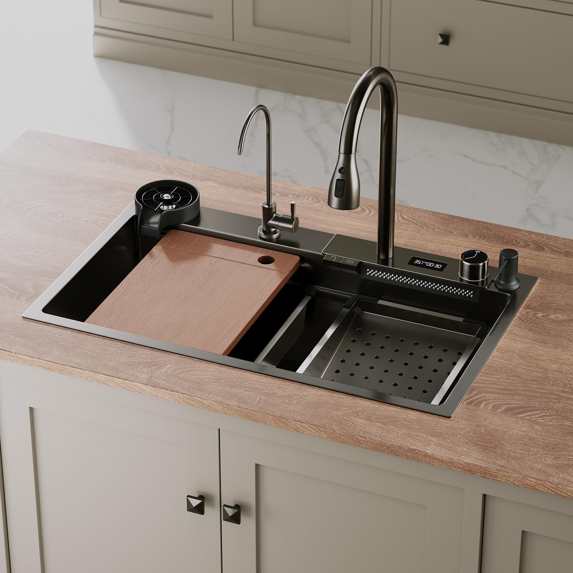 SIRHONA Évier de Cuisine avec Cascade, Évier Multifonction 1 Bac en Inox 75x45 cm, Robinet Rétractable, Avec Affichage de la Température, Noir