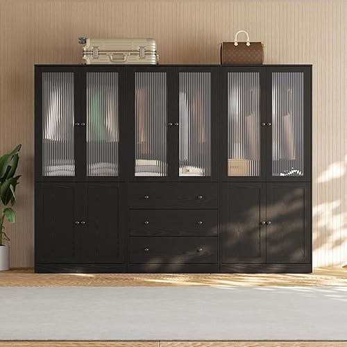 VOWNER 20“D Armoire Wardrobe Closet with Fluted Glass, 71" H Clothing Storage Cabinet with Hanging Rod, 4 Soft-Close Doors Wooden Wardrobe Cabinet for Bedroom, Large Capacity Storage Black(CCB)