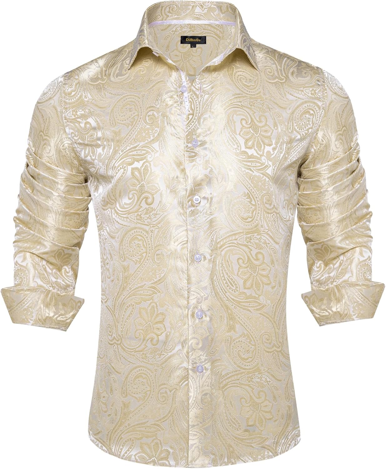 DiBanGu Silk Paisley Dress Shirts for Men Long Sleeve Button Down Shirt Casual Regular Fit Mens Shirts Wedding Party