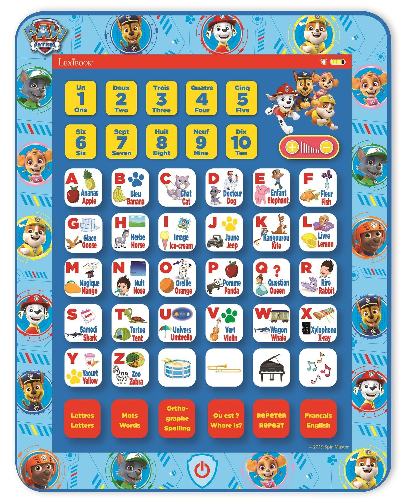 Lexibook, Paw Patrol, Educational Bilingual Interactive Learning Tablet, Toy to learn alphabet letters numbers words spelling and music, English / French, Blue, JCPAD002PAi1LXB