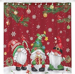 Arquiel Christmas Gnome Shower Curtain Sets, Waterproof Polyester Fabric Shower Curtains With 12 Hooks for Bathroom Home Decoration, 72 × 72 Inch Washable Bath Accessories Christmas Decor