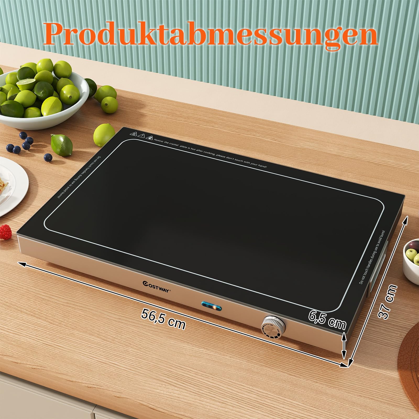 COSTWAY Warmhalteplatte elektrisch, Speisewärmer mit Gehärteter Glasoberfläche und Thermostat bis 120℃, Warmhaltegerät Buffetwärmer Edelstahl für Buffets, Partys 56,5 x 37 cm