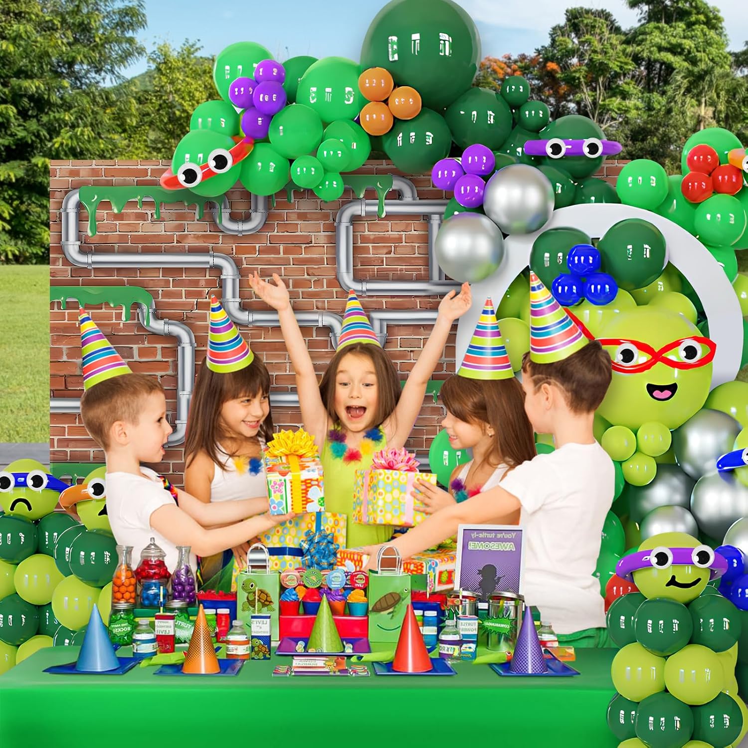 162pcs Turtle Birthday Party Supplies party decoration,Include Turtle Balloons Arch,Cartoon Turtle Birthday Decorations Backdrop Tablecloth Googly Eye Long Balloons,Girls Boys Cartoon Balloons