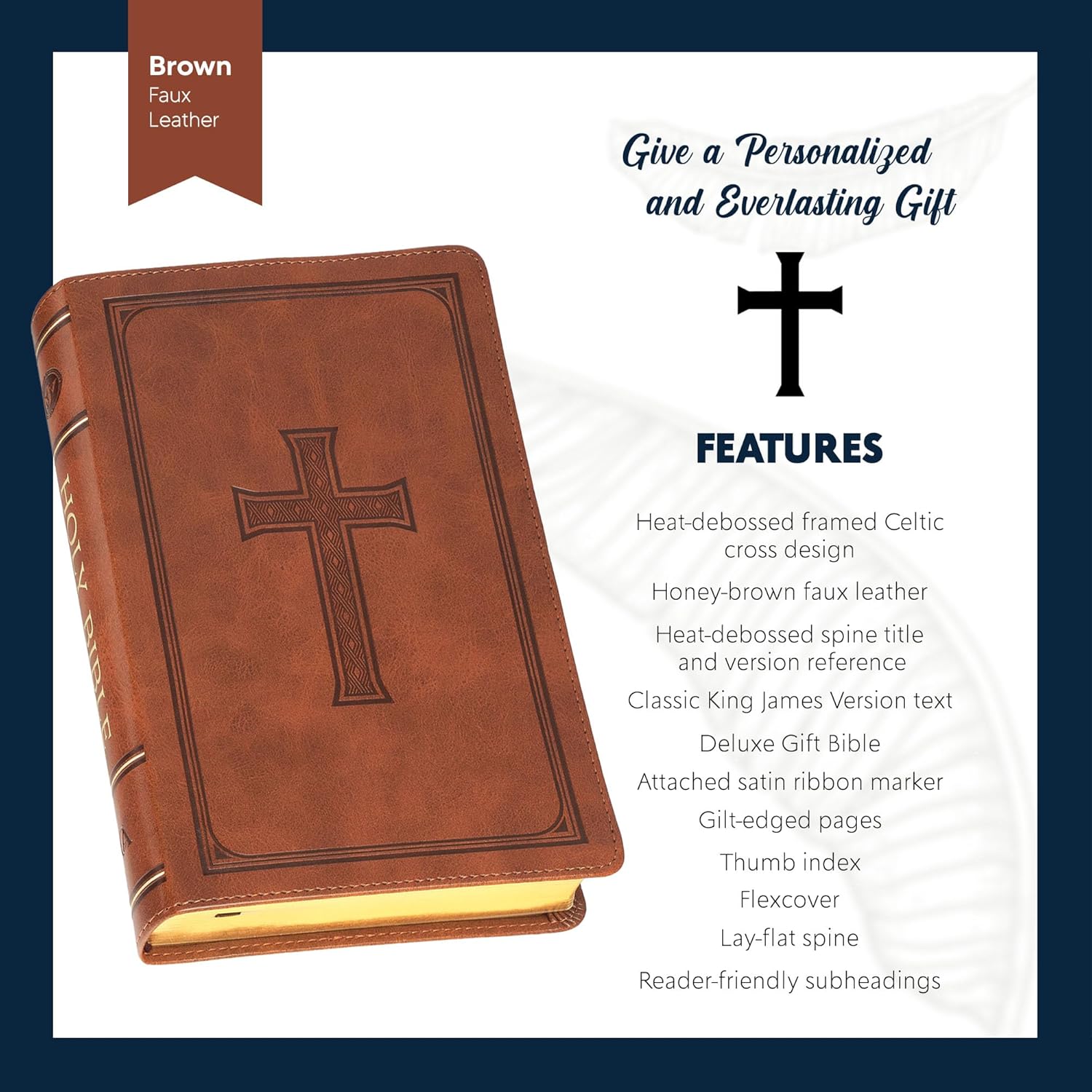 Personalized KJV Deluxe Holy Bible Honey Brown Faux Leather Medium Print Size with Heat-Debossed Celtic Cross Design | Custom with Name, Date or Text | Gift for Christian & Religious Celebrations