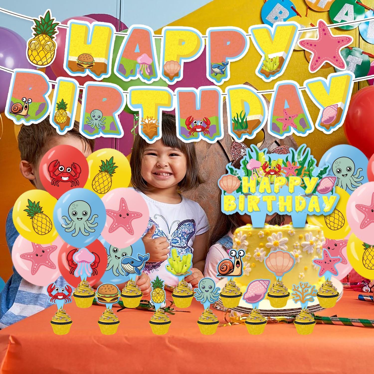 Yellow Birthday Party Supplies Yellow Happy Birthday Banners, Balloons, Cake Decorations, Cupcake Decorations Suitable for Boys and Girls - Image 5