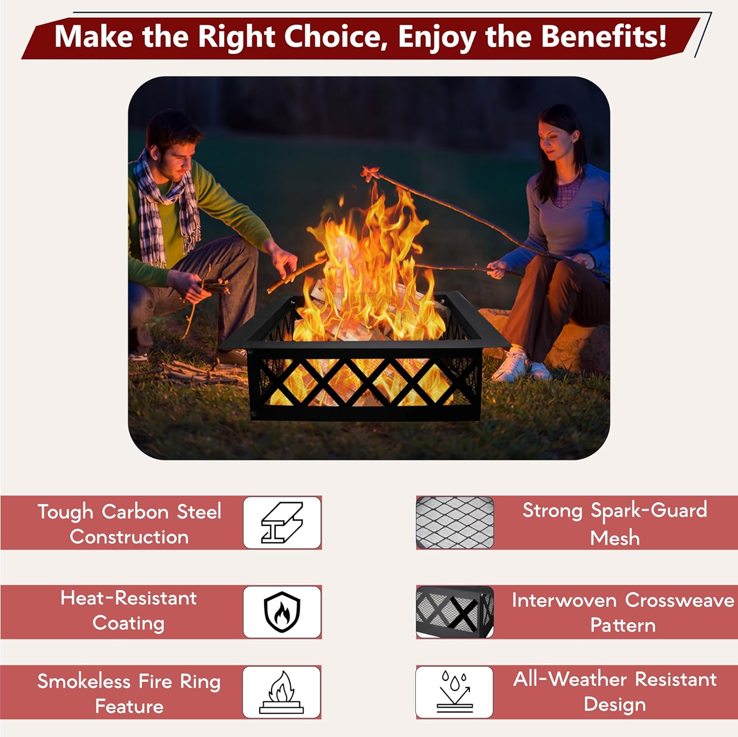 FEBTECH Smokeless Fire Pit Ring Insert –36” OD & 30” ID Square Cross Weave Design Heavy Carbon Steel Bonfire Ring with in-Built Spark Protective Mesh – Perfect Insert for Camping & Outdoor Gatherings