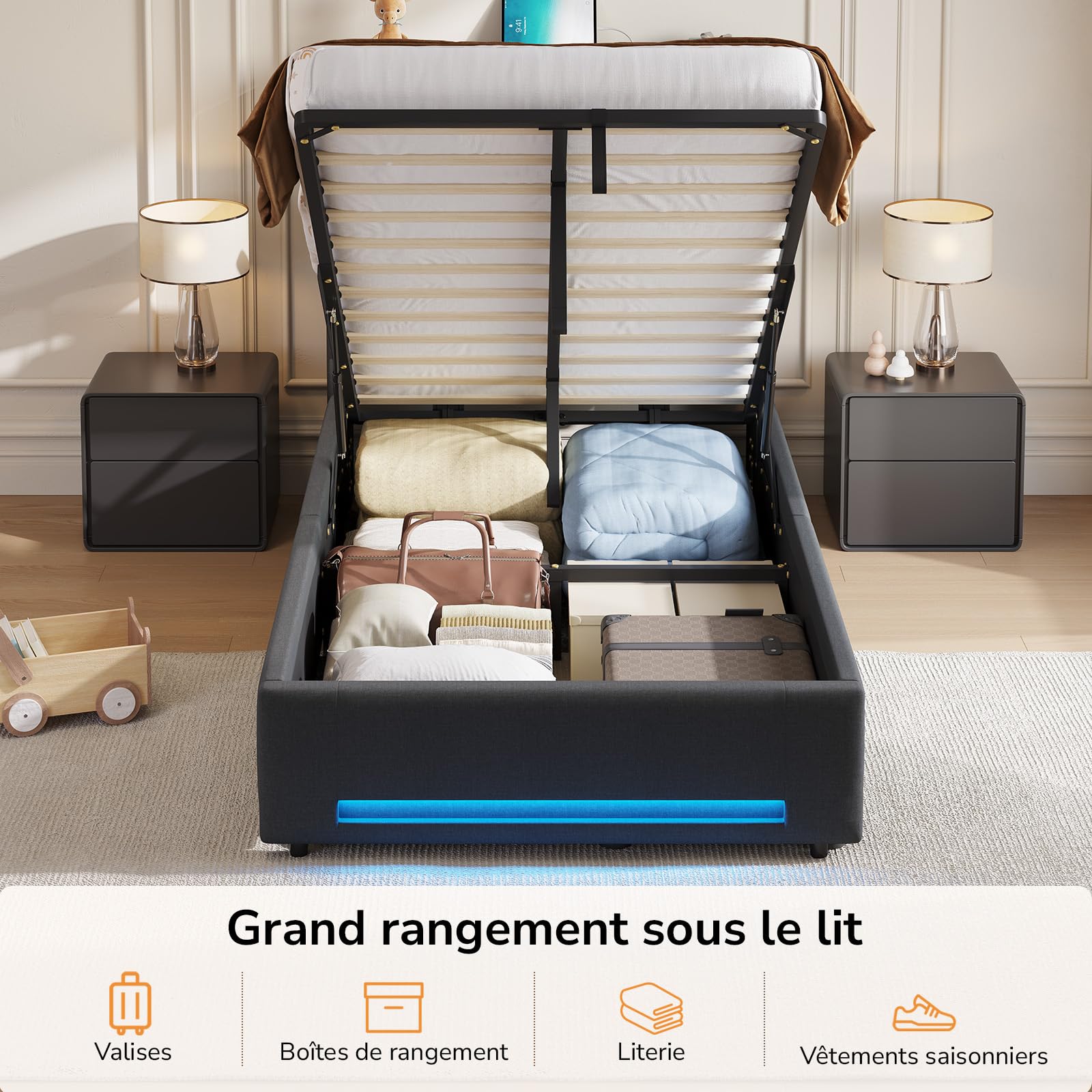 DICTAC Lit Coffre 90x200 Entièrement Rembourré 90x200 Gris avec Rangement – Sommier Relevable à Vérin, Tête de lit LED & Prises USB/Type-C – pour Enfant, Ado, Adulte