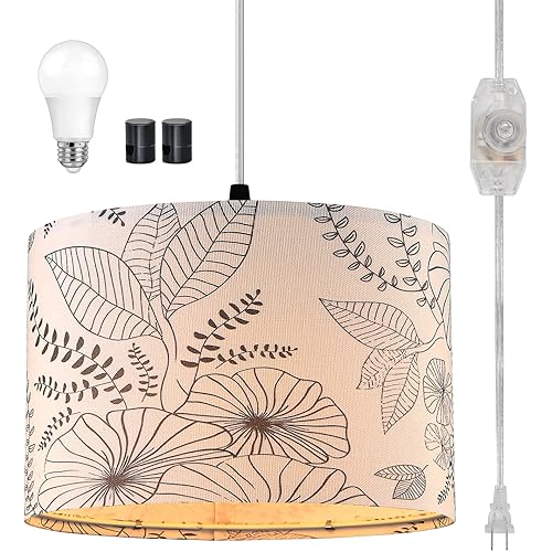 Plug in Pendant Light, Hanging Light with Plug in Cord with Dimmable Switch, Hanging Lamp with 15 ft Clear Cord, Pendant Light Fixture for Bedroom Kitchen Island (Bulb Included)