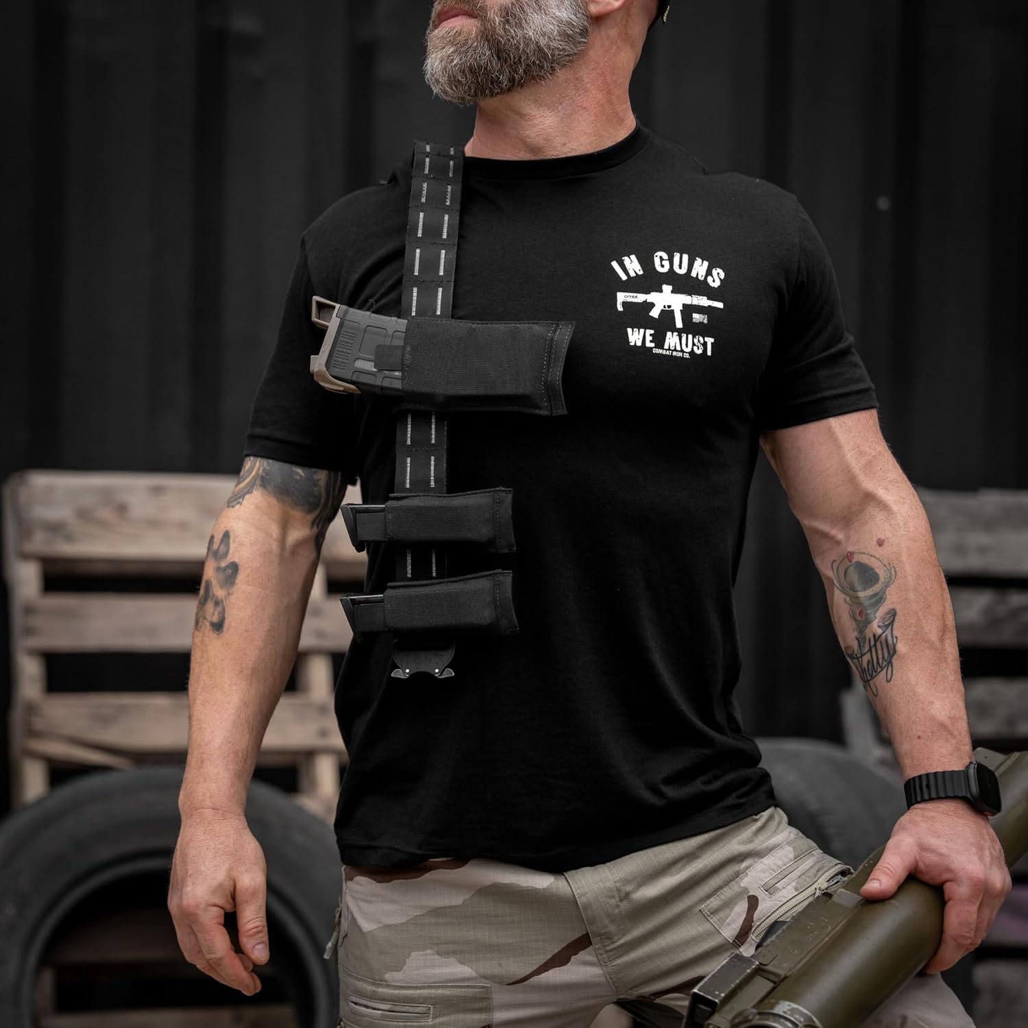 Combat Iron Men’s Graphic T-Shirt – in Guns We Must – Athletic Fit Pre-Shrunk Cotton Poly Blend