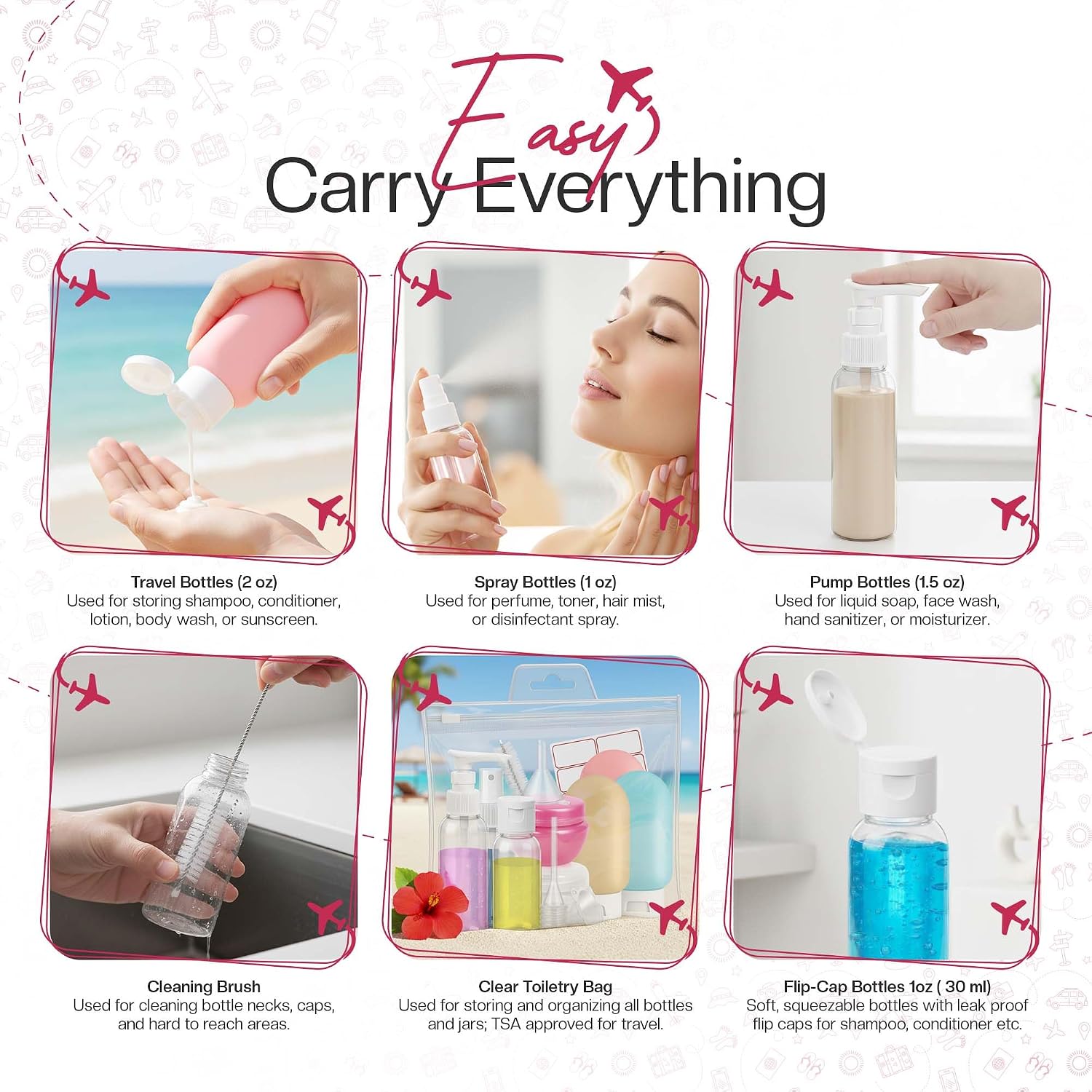 16 Pack Travel Bottles - Travel Essentials for Toiletries - TSA Approved Size - Empty Plastic Bottles with Sticker Sheet, Funnels, Spray Bottle & Carry Bag - For Shampoo, Lotion, Oil & Sanitizer