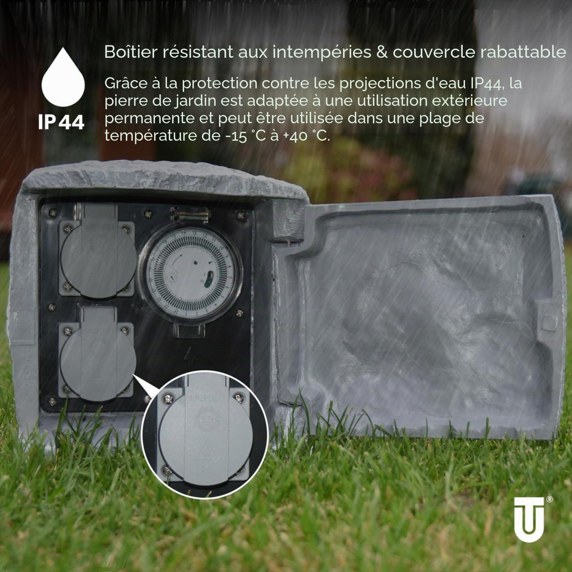 Unitec 44244 Steckdosenverteiler façon pierre avec 2 prises et minuterie