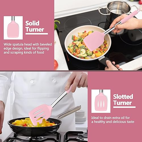 Miniatura 6 de P&P CHEF Juego de 4 utensilios de cocina rosados, espátulas sólidas de silicona, cucharas ranuradas para utensilios de cocina antiadherentes,