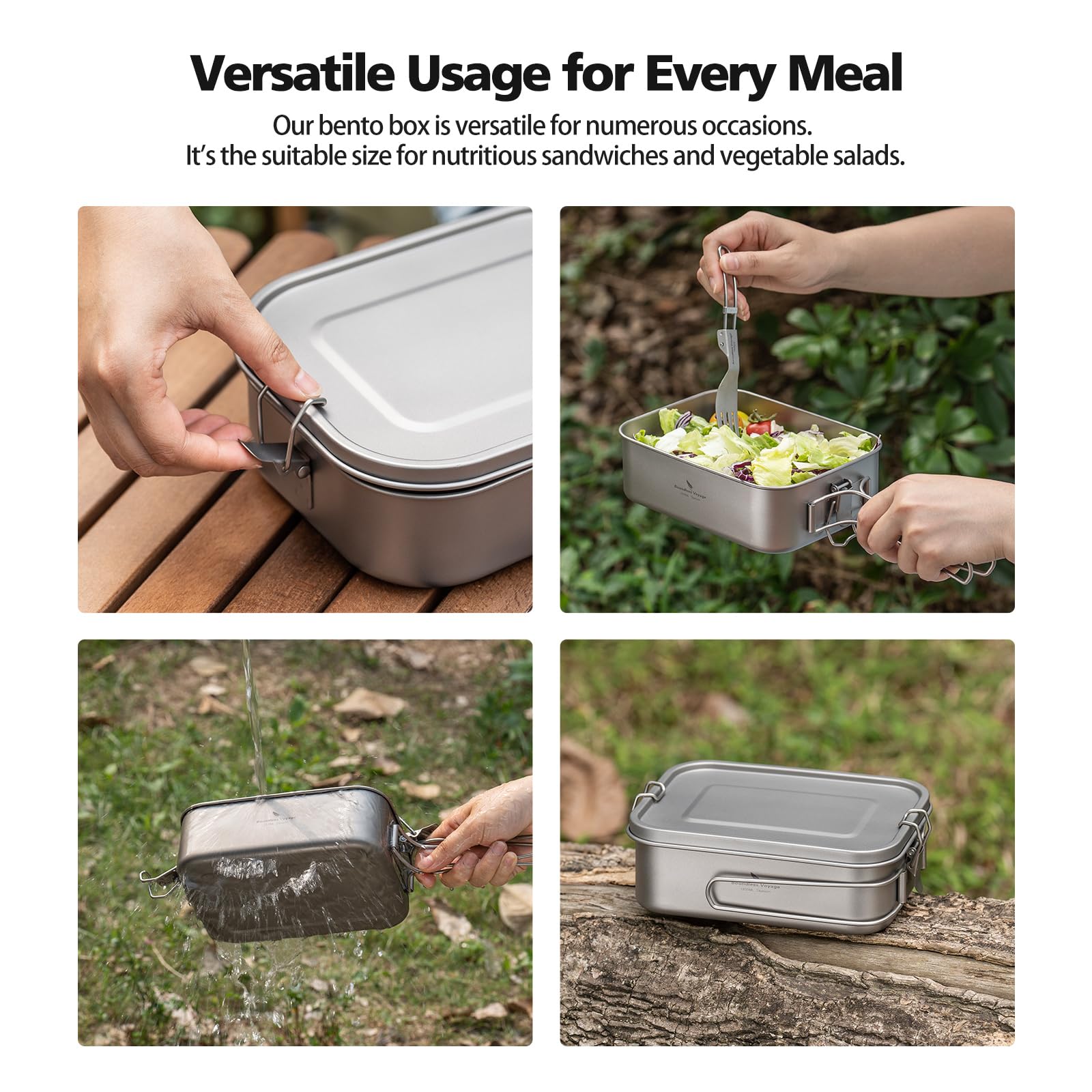 iBasingo Ti2082C - Contenitore per il pranzo in titanio da 1200 ml con coperchio a prova di perdite, manico pieghevole, pentole da campeggio, leggere, per escursioni, picnic e viaggi, contenitore per