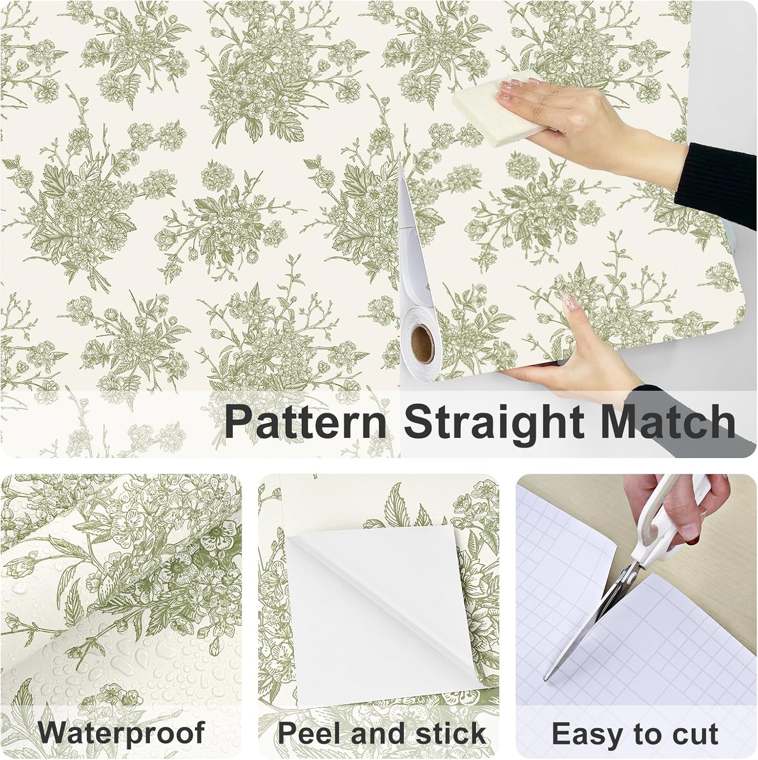 Green Floral Wallpaper Peel and Stick Countertops Beige Cream Wallpapers Flower Vintage Contact Paper Vinyl Self Adhesive Sage Green Stick on Wall Paper Cabinets Bedroom Decor 17.5"x314"