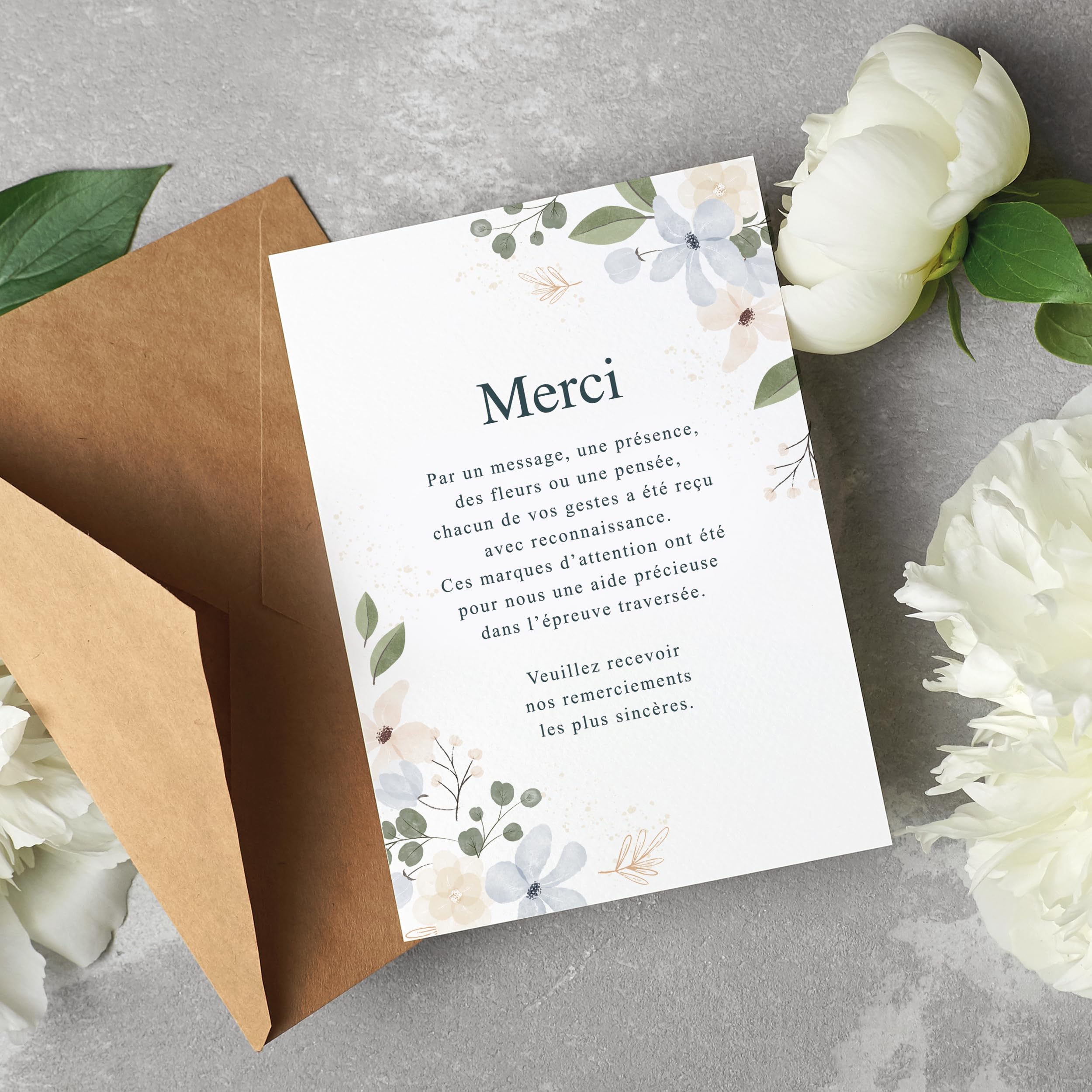 Cartes Remerciement Deuil Décès Obsèques Enterrement - Lot 25/50/75 + Enveloppes - Papier 400g - Design Sobre Élégant Fleurs Bougie Étoile - Marque Française (Lot de 75, Fleurs)