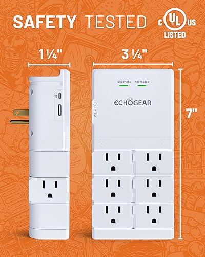 Miniatura 7 de ECHOGEAR Toma de pared con puertos USB y protección contra sobretensiones, 8 dispositivos 6 enchufes giratorios de CA, 2 incluye 1 puerto USB-C