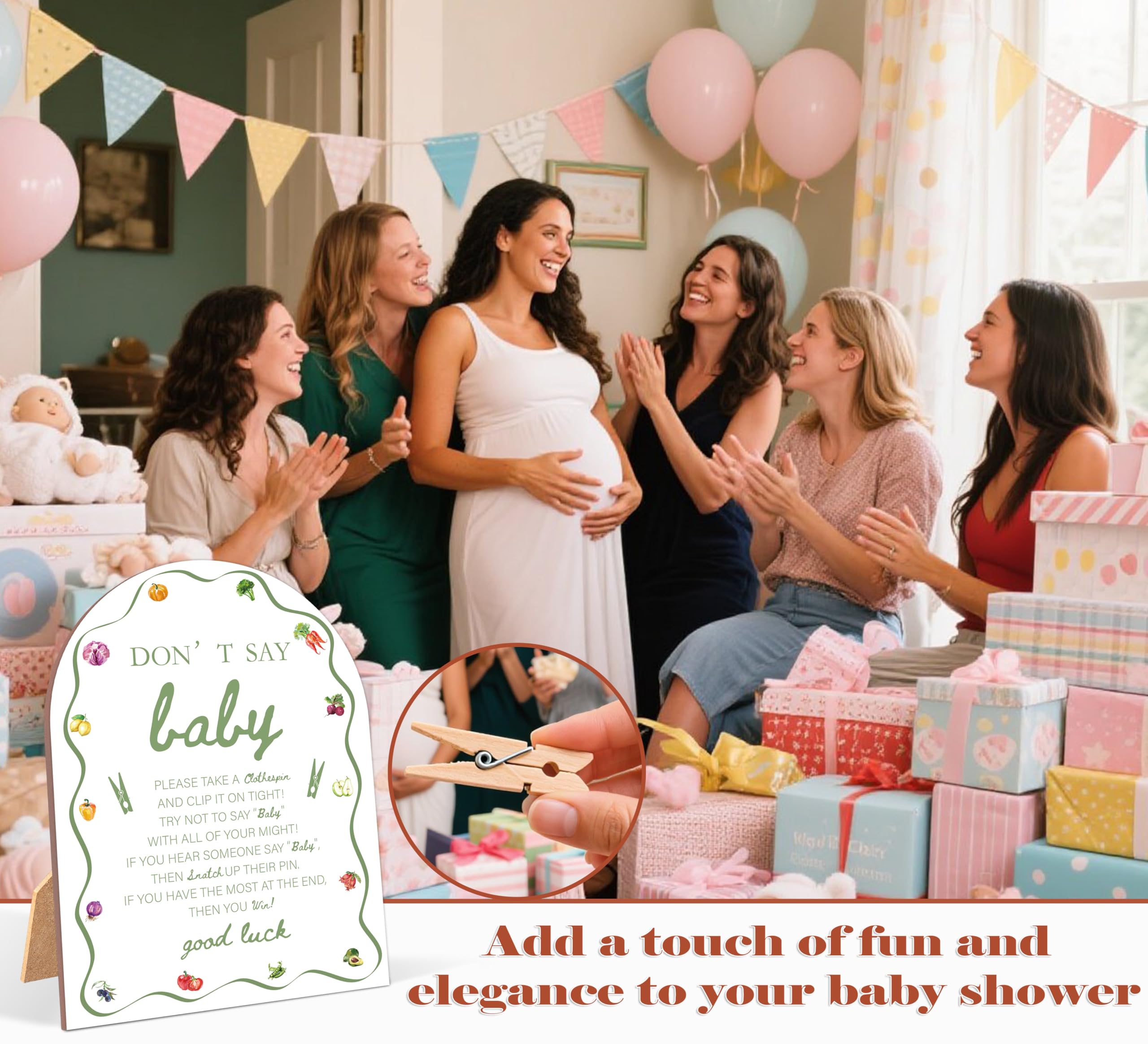 MG07 MG07 51 szt. lokalnie uprawiane "Don't Say Baby" Clothespin Game, Farmers Market Baby Shower, drewniany znak 15 x 20 cm ze stojakiem i 50 mini spinaczami do bielizny, neutralna pod względem płci