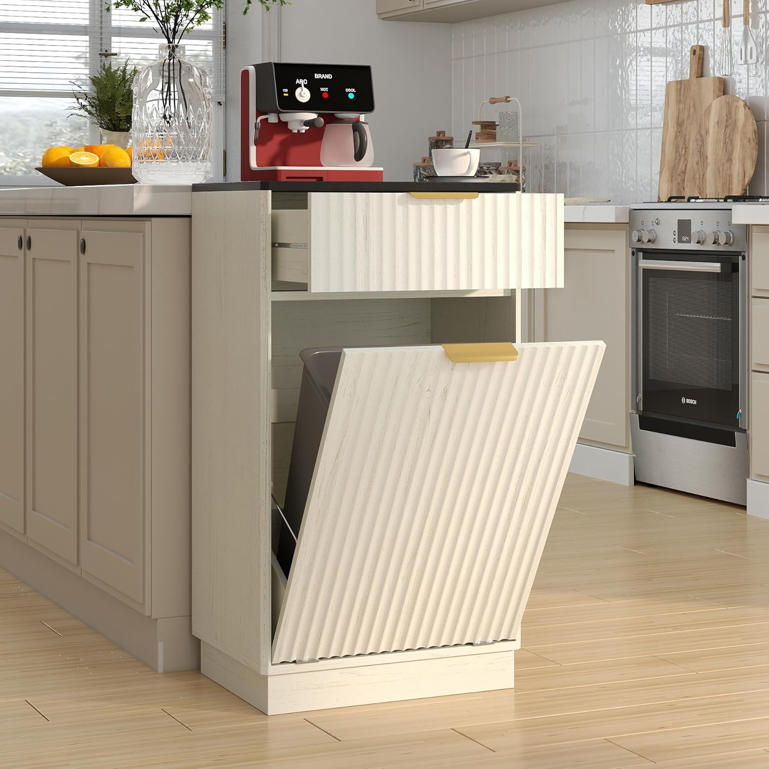 Ball & Cast 10-Gallon Tilt Out Trash Can Cabinet with Hideaway Drawer, Wooden Freestanding Garbage & Recycling Cabinet, Wave-Textured Pull-Out Bin for Kitchen, Bathroom, Living Room (White)